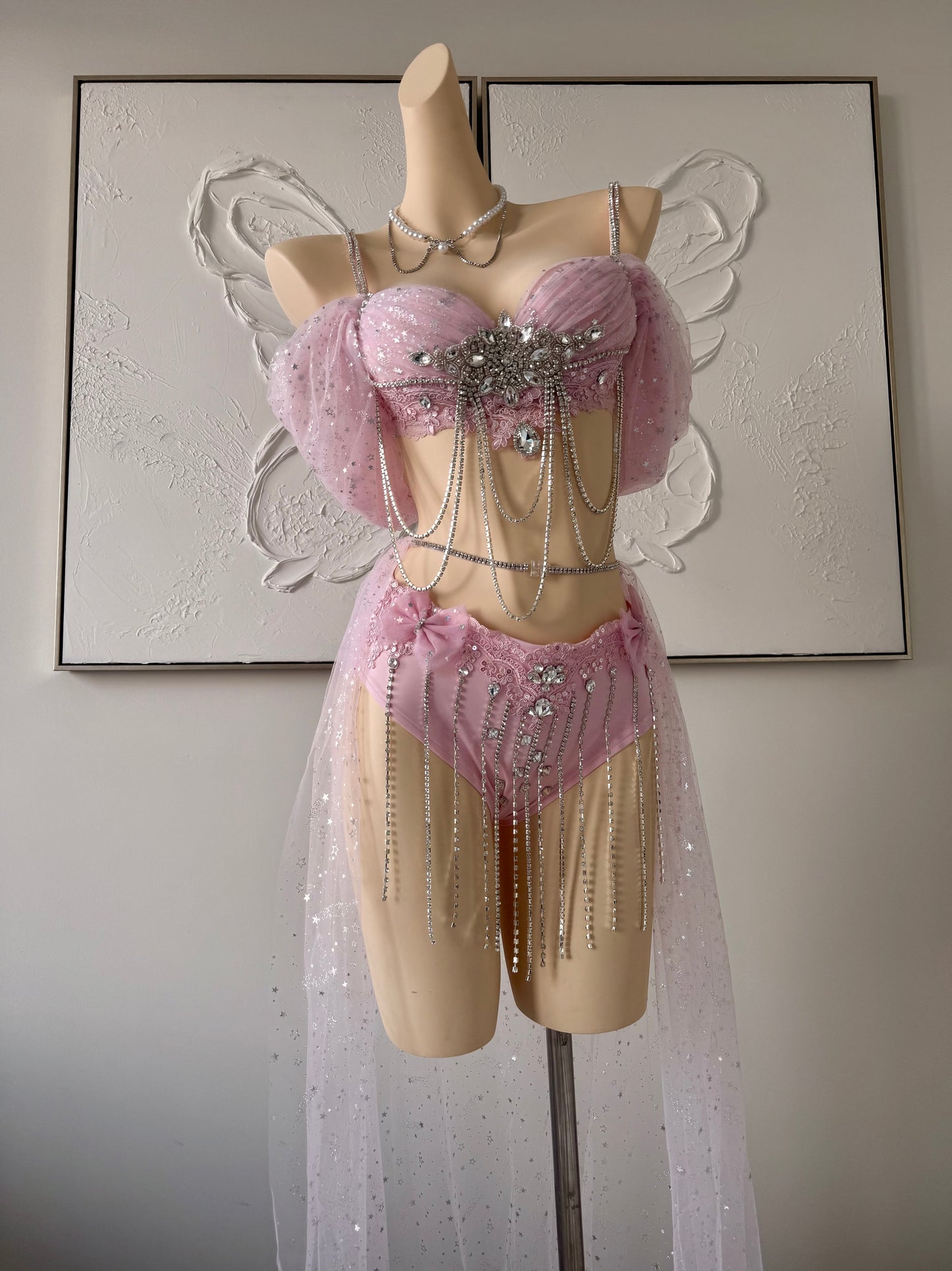 Blush Starlight Rave Festival Outfit | Pink Top + Bottom + Mesh Skirt