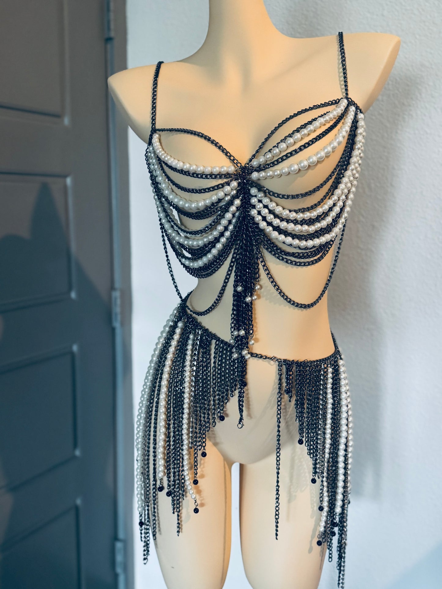 Midnight Siren Rave Festival Outfit | Pearl Chin Top + Skirt 2 Piece Set | Burning Man | Lost Lands | Gothic