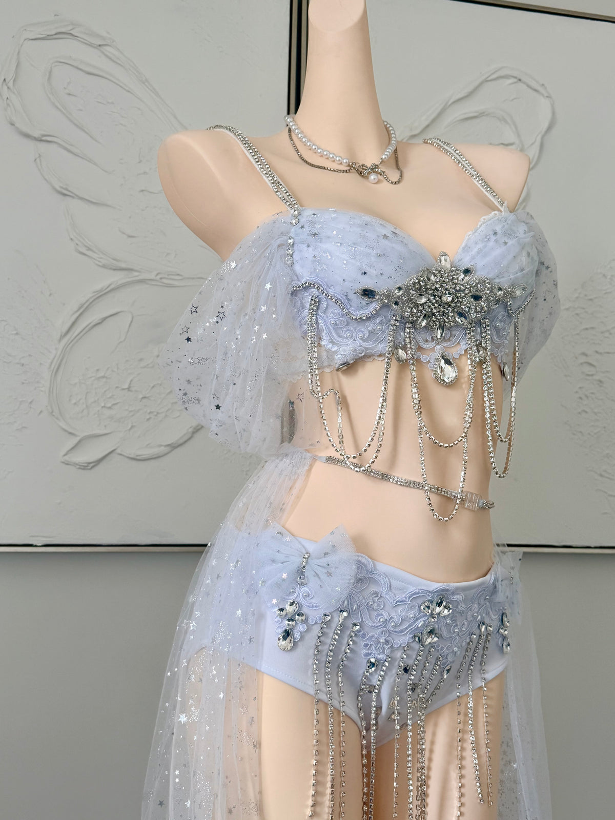Starlight Angel Rave Festival Outfit | White Top + Bottom + Mesh Skirt
