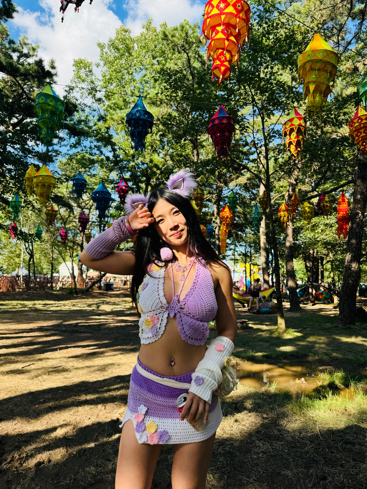 Electric Forest Purple Crochet Rave Outfit | 4 Piece Set (Top + Skirt + Sleeves + Leg Warmers)