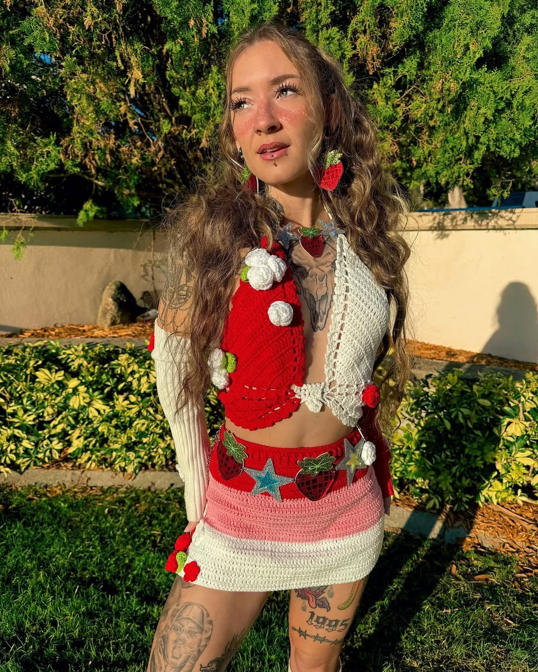Electric Forest Red Crochet 4 Piece Rave Festival Set (Top + Skirt + Sleeves + Leg Warmers)