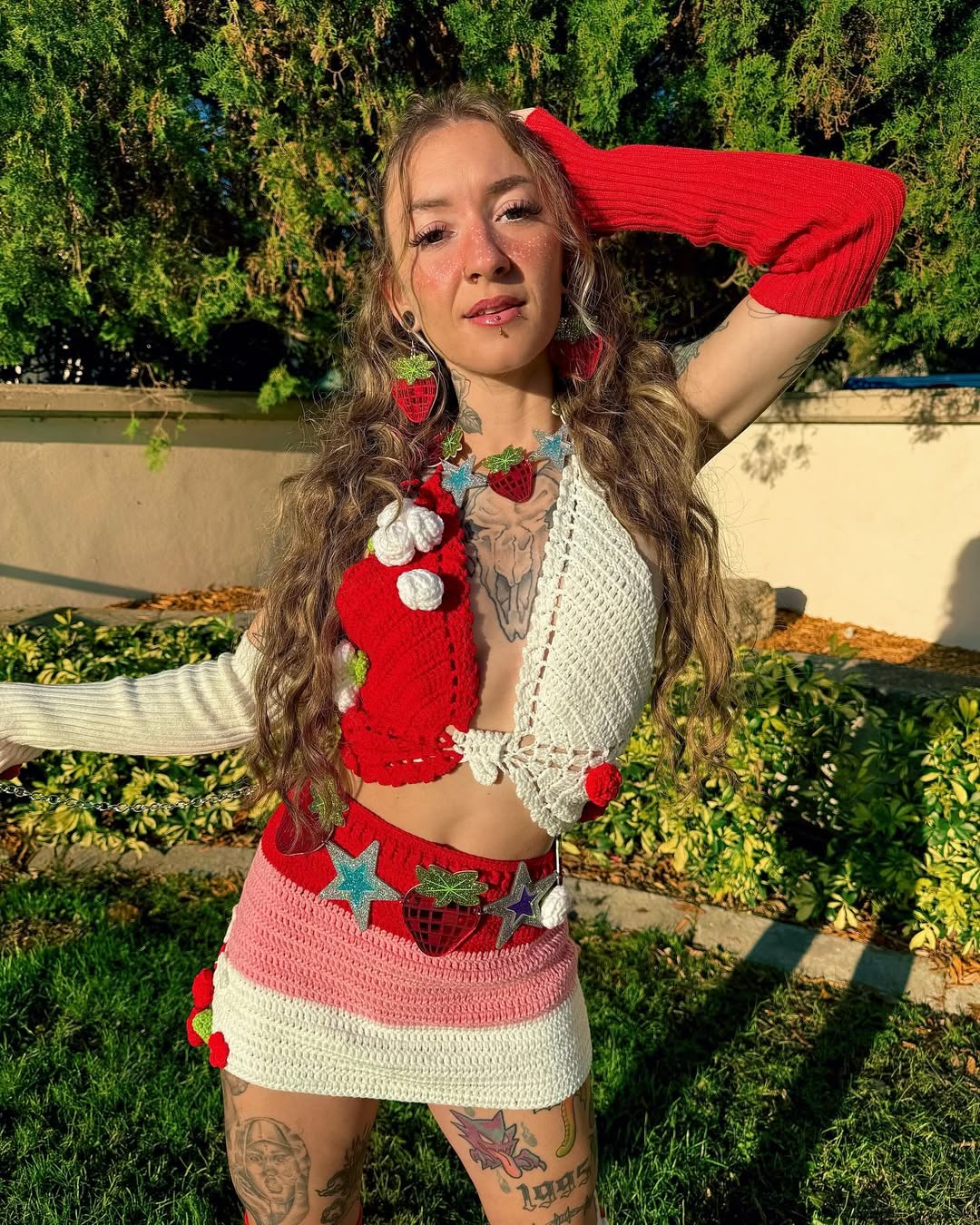 Electric Forest Red Crochet 4 Piece Rave Festival Set (Top + Skirt + Sleeves + Leg Warmers)