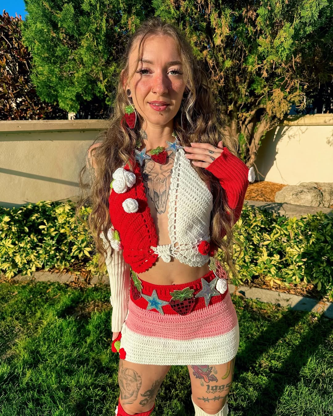 Electric Forest Red Crochet 4 Piece Rave Festival Set (Top + Skirt + Sleeves + Leg Warmers)