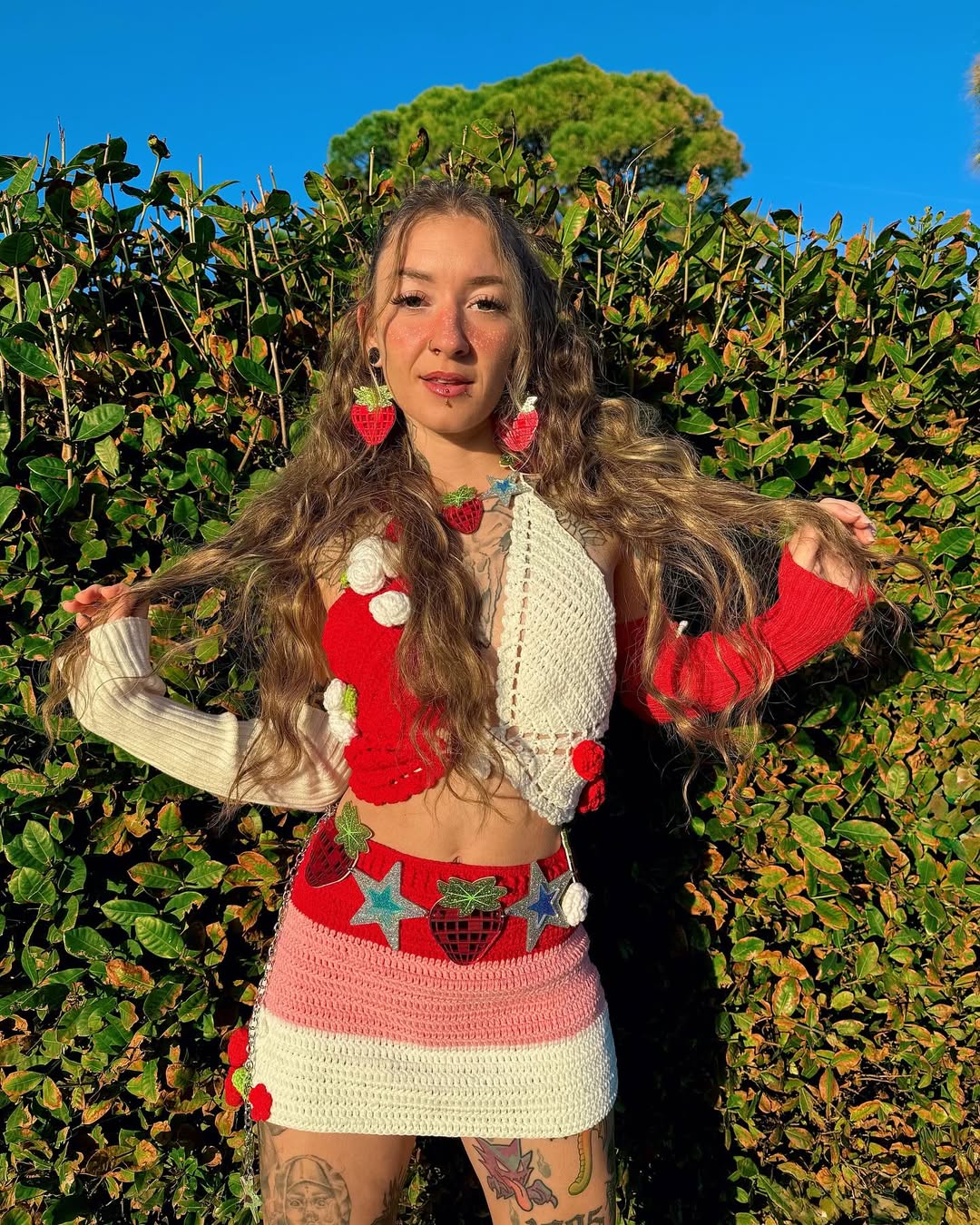 Electric Forest Red Crochet 4 Piece Rave Festival Set (Top + Skirt + Sleeves + Leg Warmers)