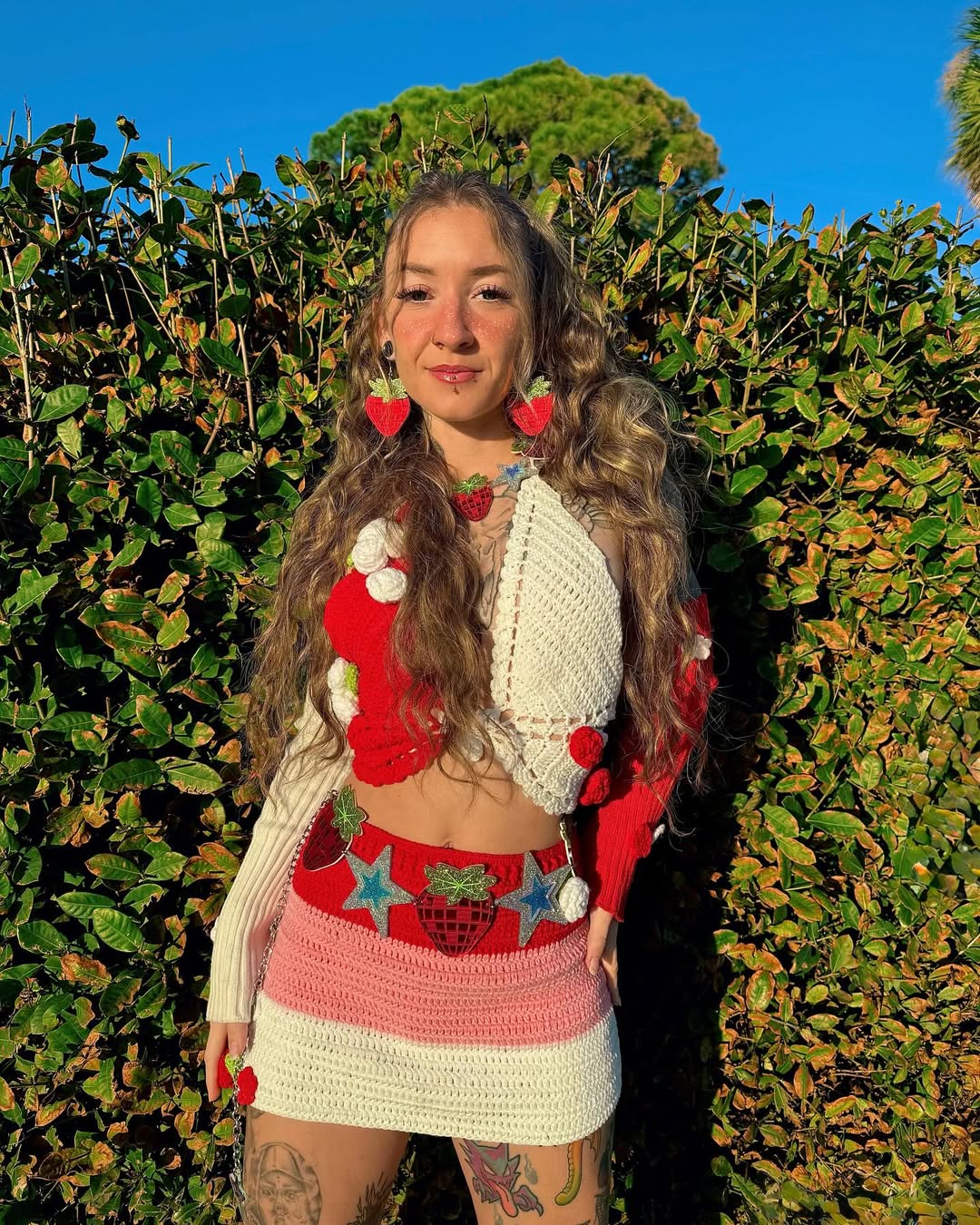 Electric Forest Red Crochet 4 Piece Rave Festival Set (Top + Skirt + Sleeves + Leg Warmers)