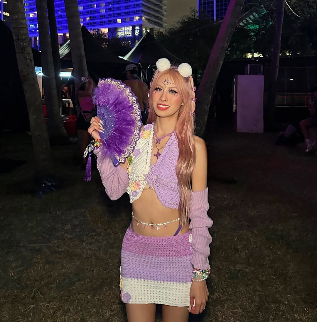 Electric Forest Purple Crochet Rave Outfit | 4 Piece Set (Top + Skirt + Sleeves + Leg Warmers)