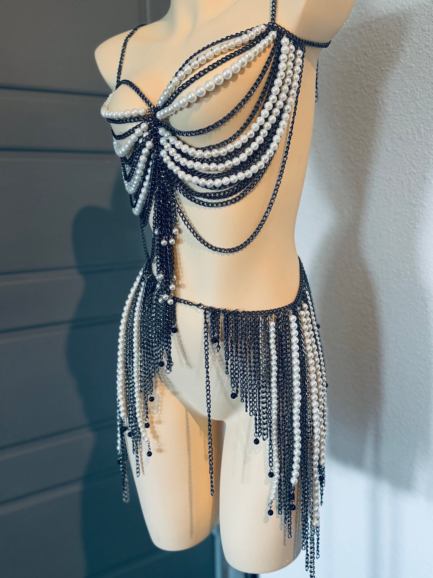 Midnight Siren Rave Festival Outfit | Pearl Chin Top + Skirt 2 Piece Set | Burning Man | Lost Lands | Gothic