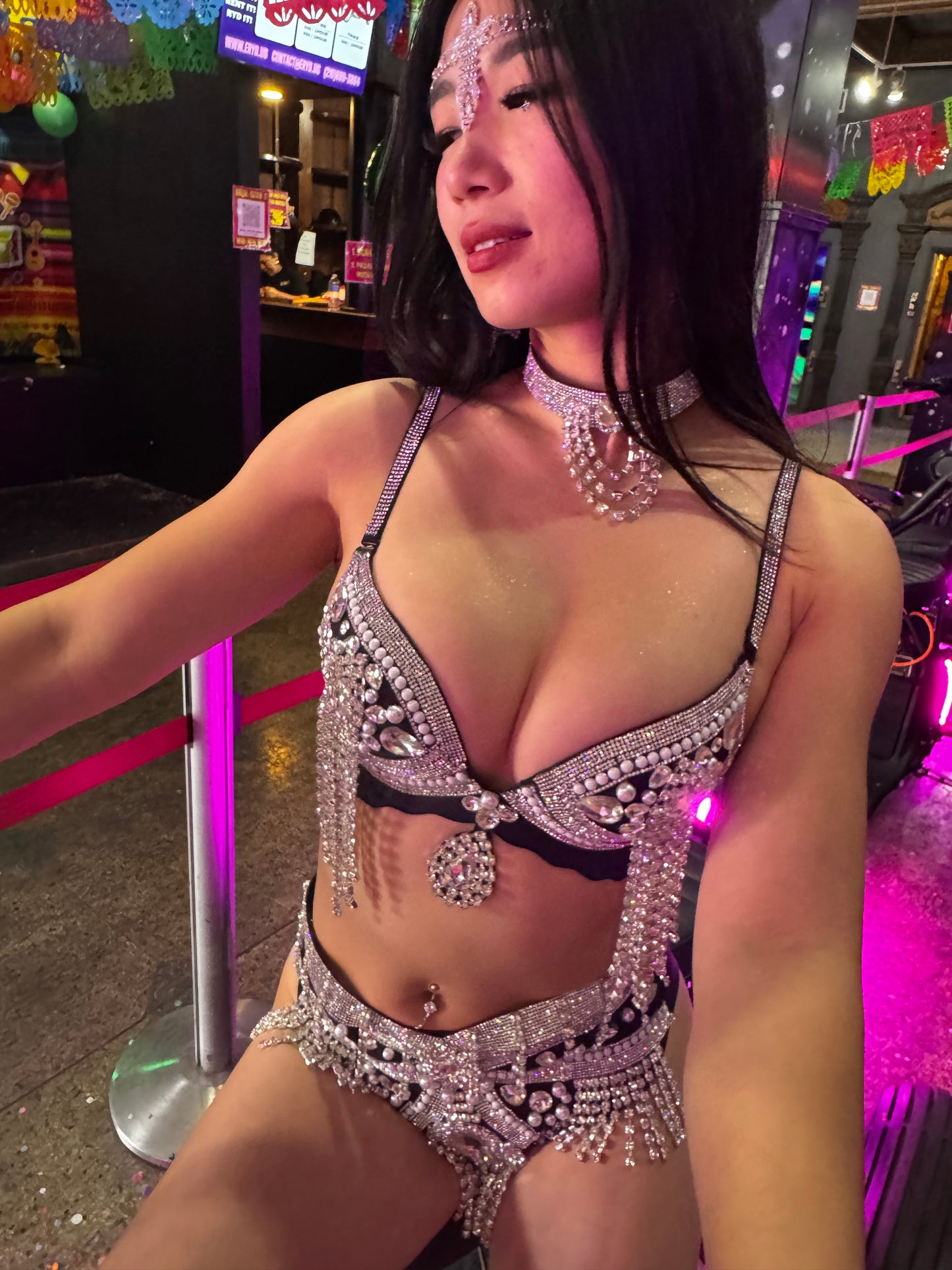 Million Dollar Queen Festival Outfit | Bra + Panty + Choker 3 Piece Reinstone Rave Set