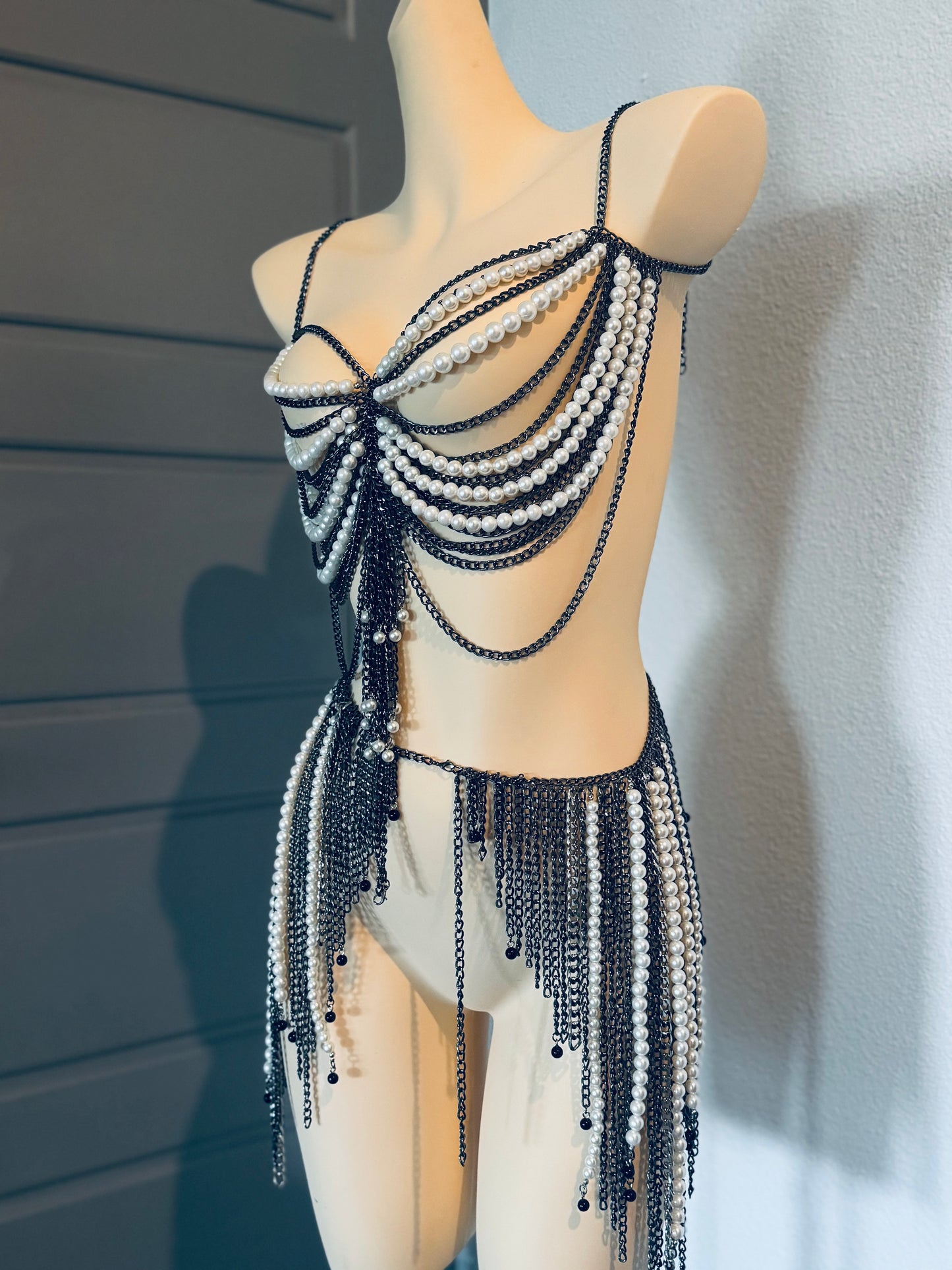 Midnight Siren Rave Festival Outfit | Pearl Chin Top + Skirt 2 Piece Set | Burning Man | Lost Lands | Gothic