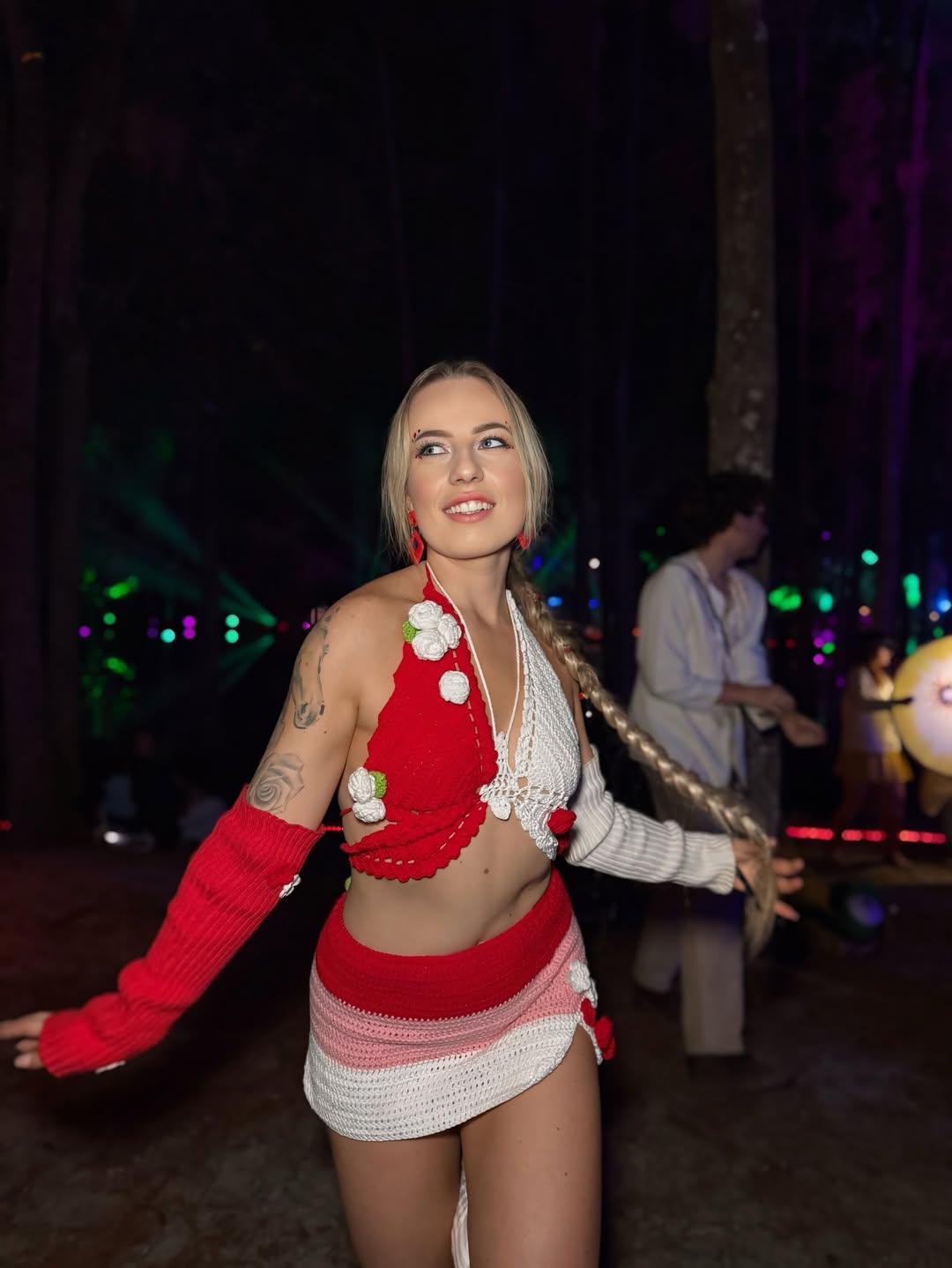 Electric Forest Red Crochet 4 Piece Rave Festival Set (Top + Skirt + Sleeves + Leg Warmers)