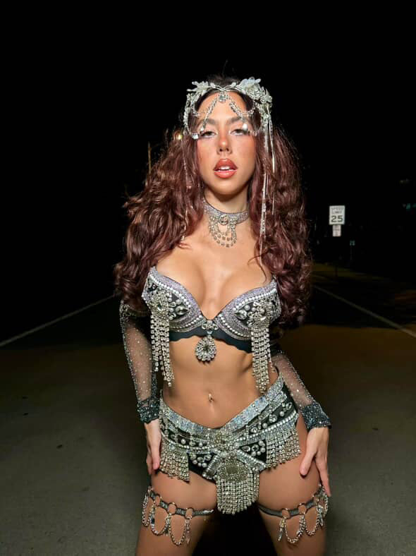 Million Dollar Queen Festival Outfit | Bra + Panty + Choker 3 Piece Reinstone Rave Set