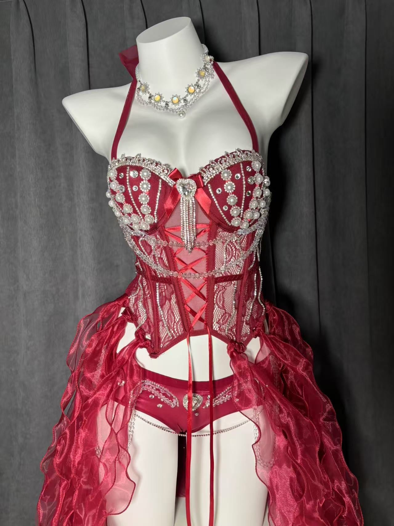 White & Red 2 Colors Princess Outfit | Bra + Panties + Skirt 3 Piece Set