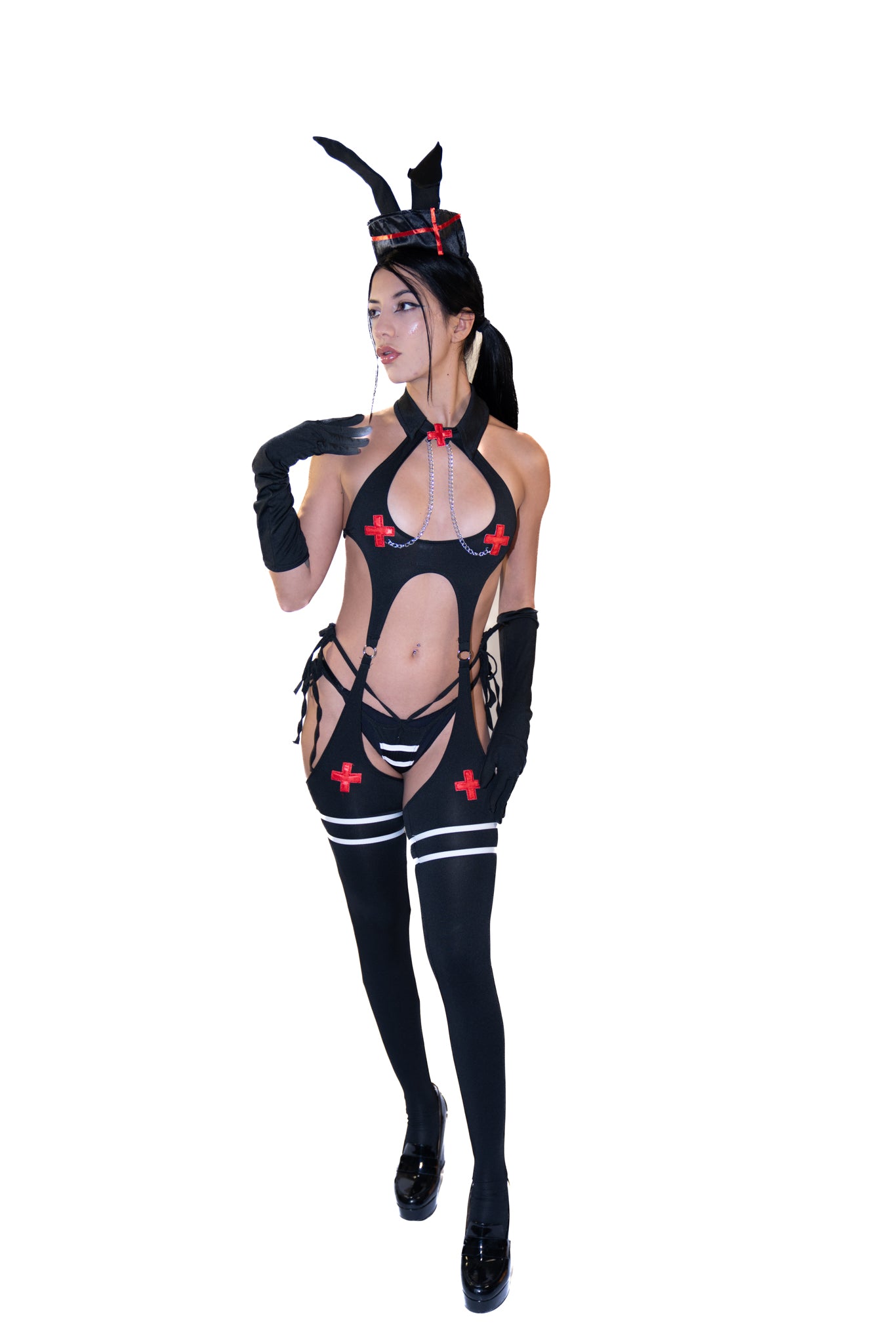 Bunny Nurse Cosplay Outfit | Bodysuit with Socks + Panties +Gloves + Ears 5 Piece