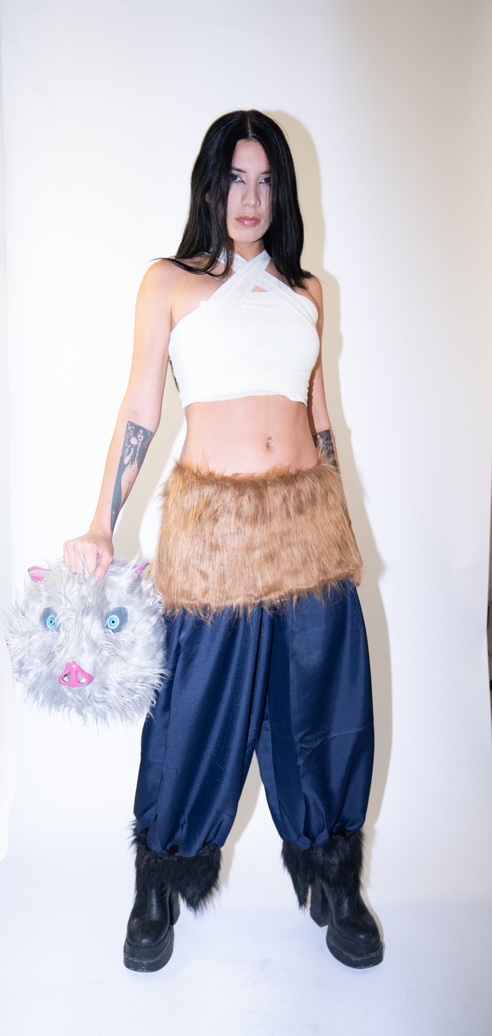 Demon Slayer Cosplay Costume for All Gender| Head Mask + Pants + Fur Skirt + Top + White Wrap 5 Piece Set