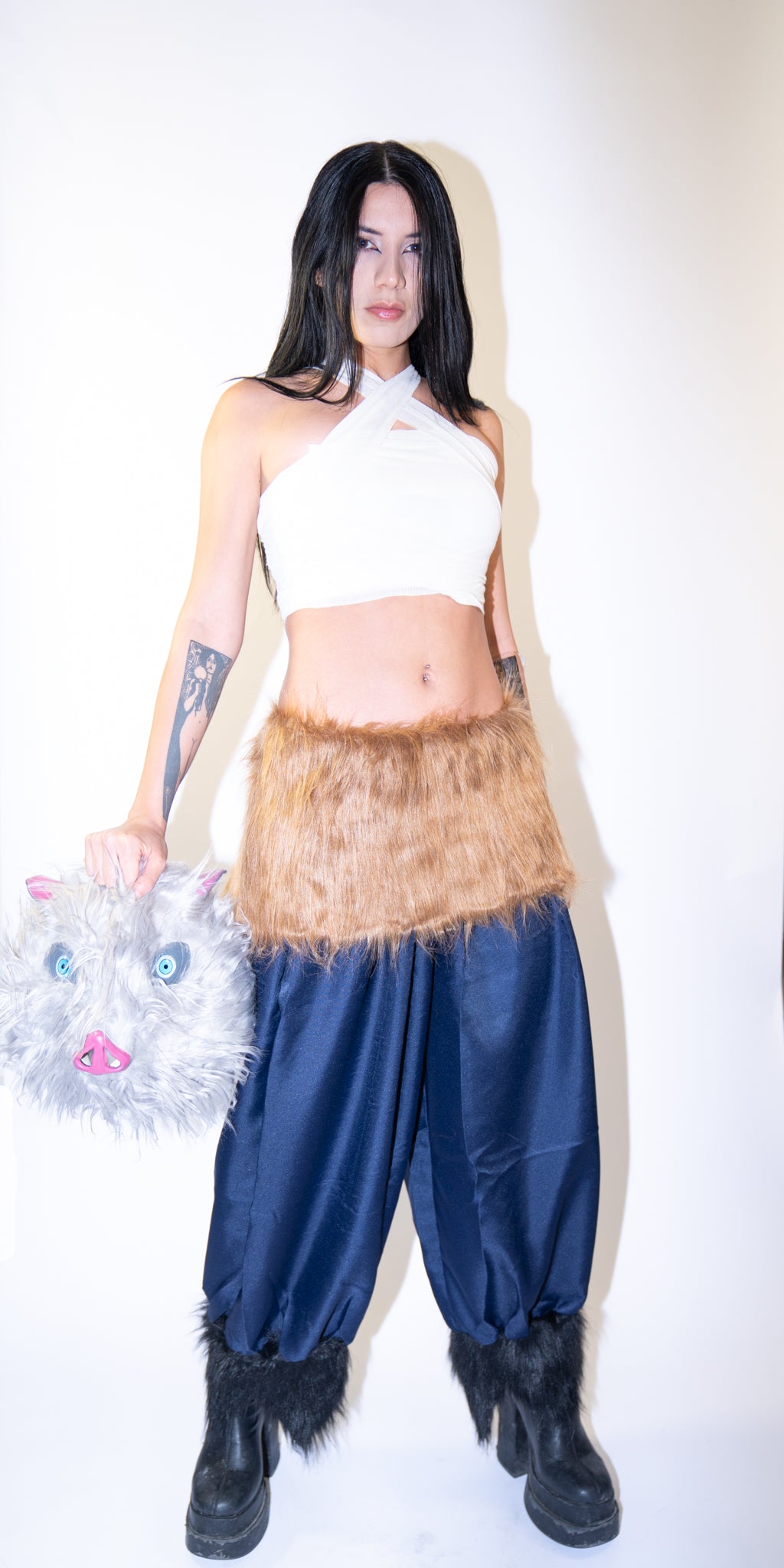 Demon Slayer Cosplay Costume for All Gender| Head Mask + Pants + Fur Skirt + Top + White Wrap 5 Piece Set