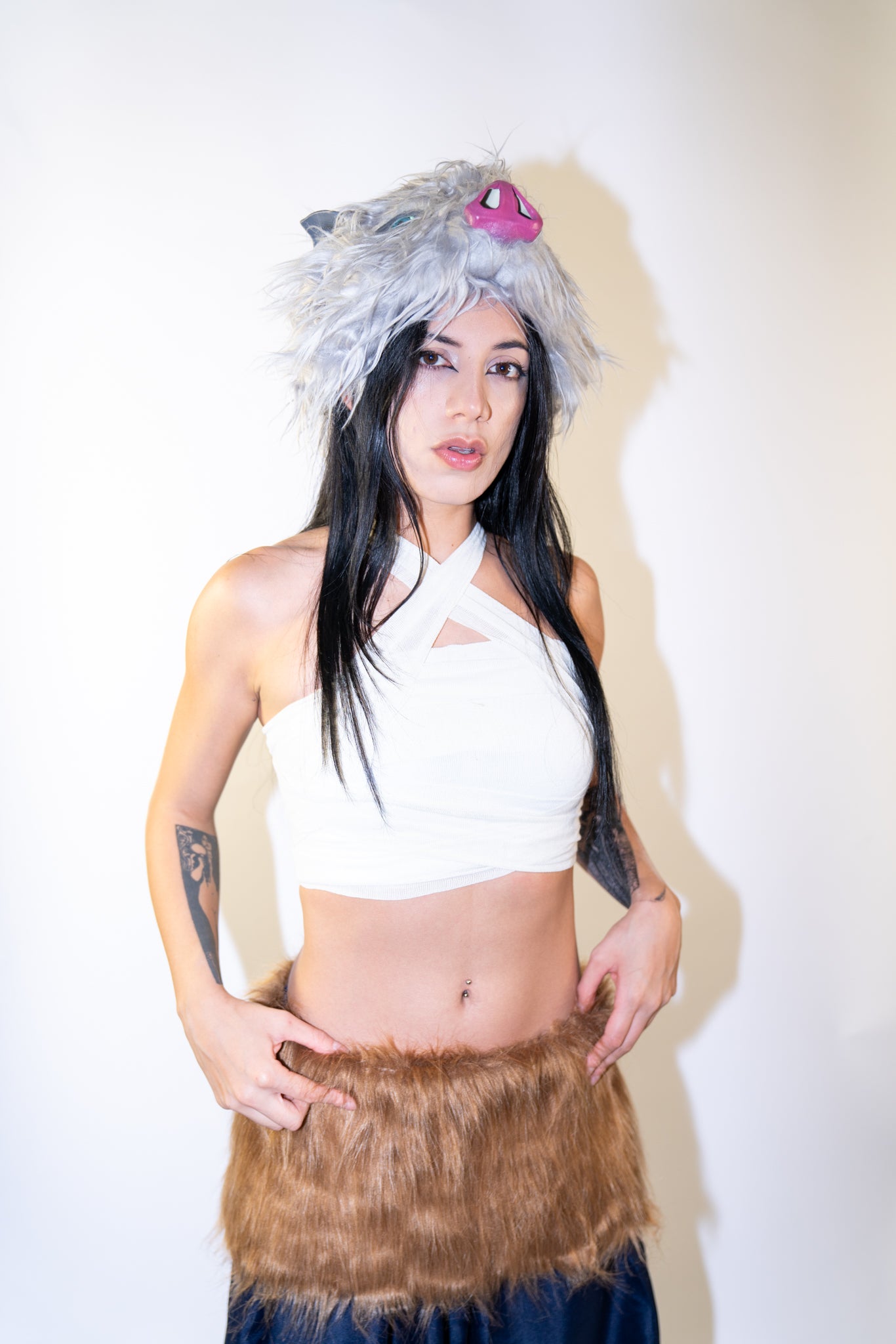 Demon Slayer Cosplay Costume for All Gender| Head Mask + Pants + Fur Skirt + Top + White Wrap 5 Piece Set