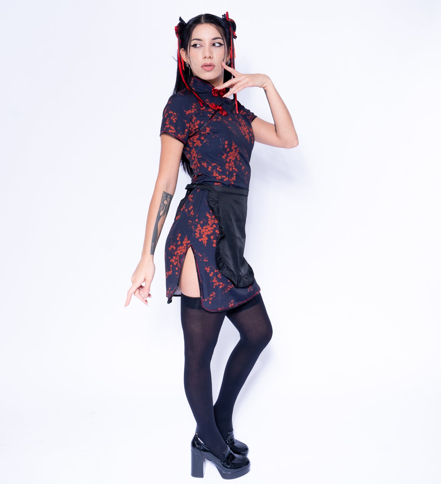 Anime Girl Festival Outfit | Qipao Dress + Apron + Hair Accessaries 3 Piece Cosplay Costume