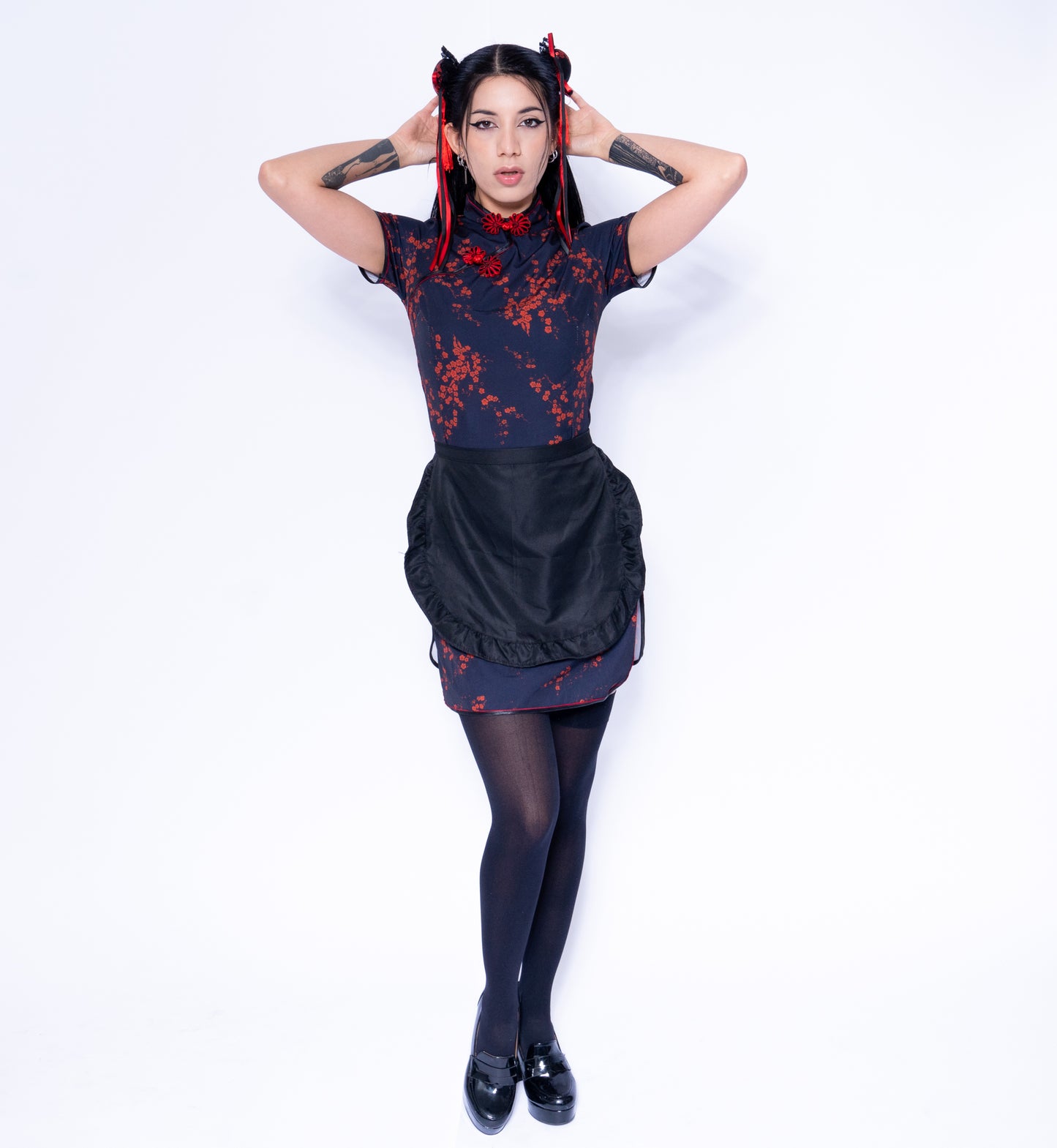 Anime Girl Festival Outfit | Qipao Dress + Apron + Hair Accessaries 3 Piece Cosplay Costume