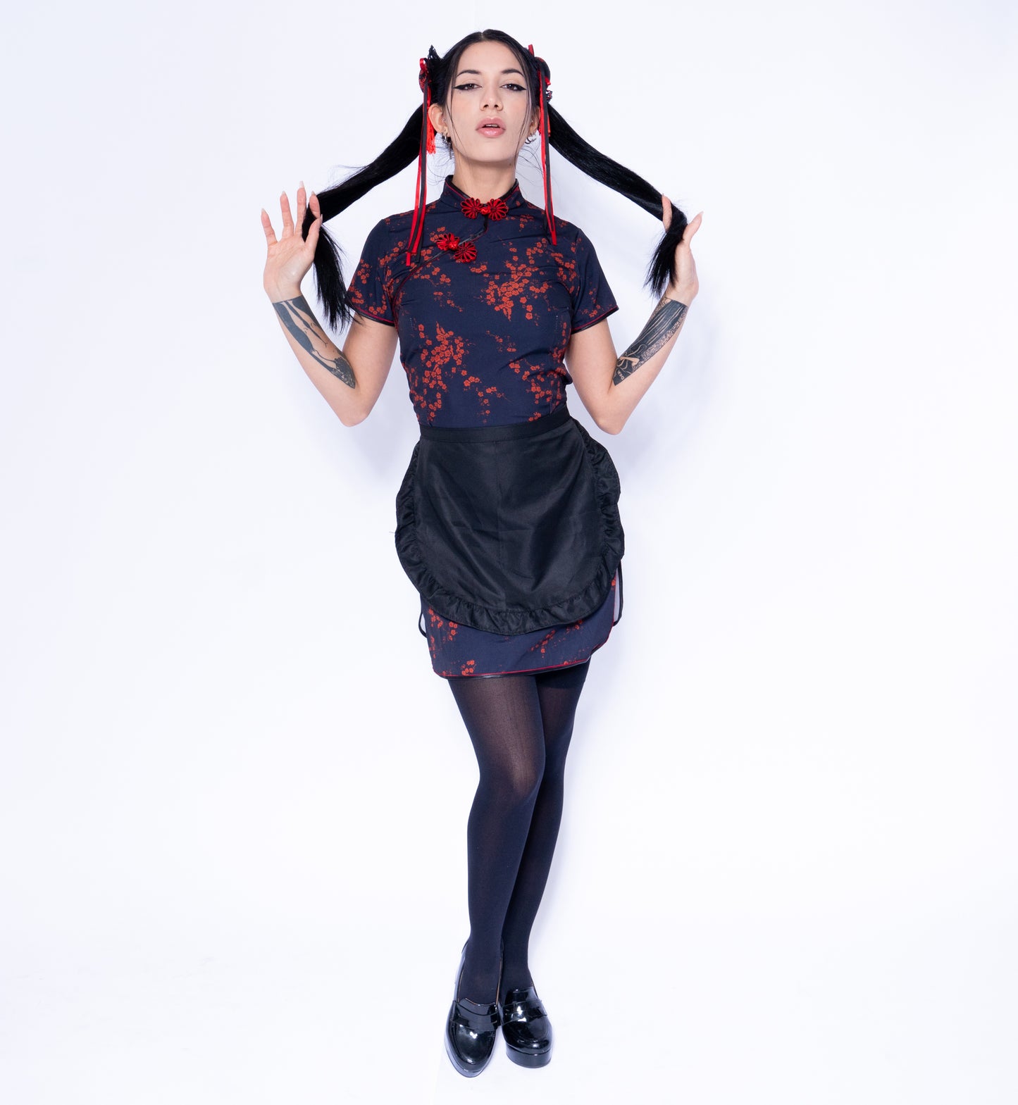 Anime Girl Festival Outfit | Qipao Dress + Apron + Hair Accessaries 3 Piece Cosplay Costume
