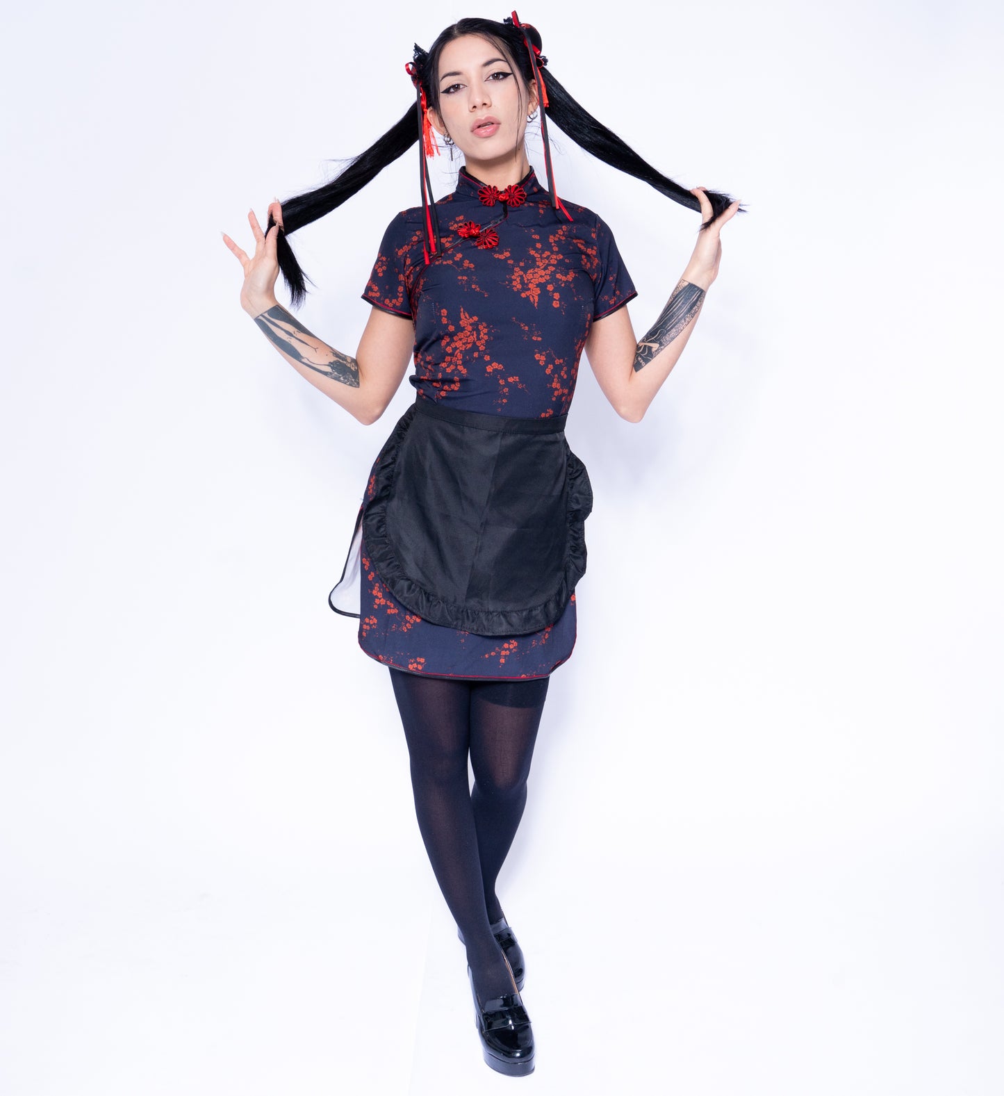Anime Girl Festival Outfit | Qipao Dress + Apron + Hair Accessaries 3 Piece Cosplay Costume
