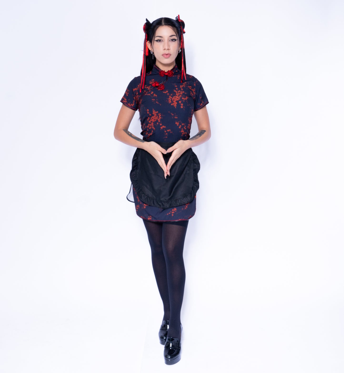 Anime Girl Festival Outfit | Qipao Dress + Apron + Hair Accessaries 3 Piece Cosplay Costume