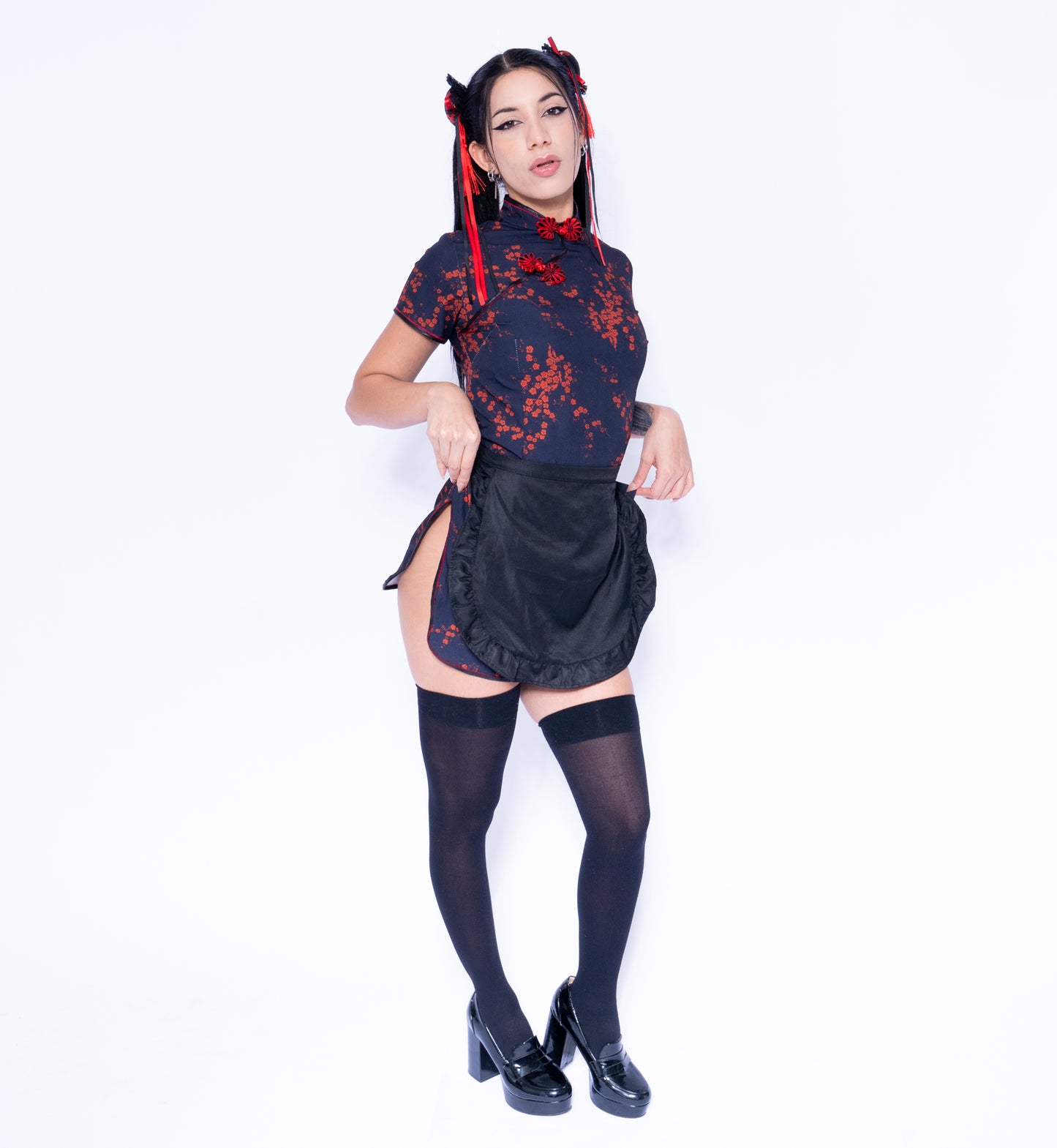 Anime Girl Festival Outfit | Qipao Dress + Apron + Hair Accessaries 3 Piece Cosplay Costume