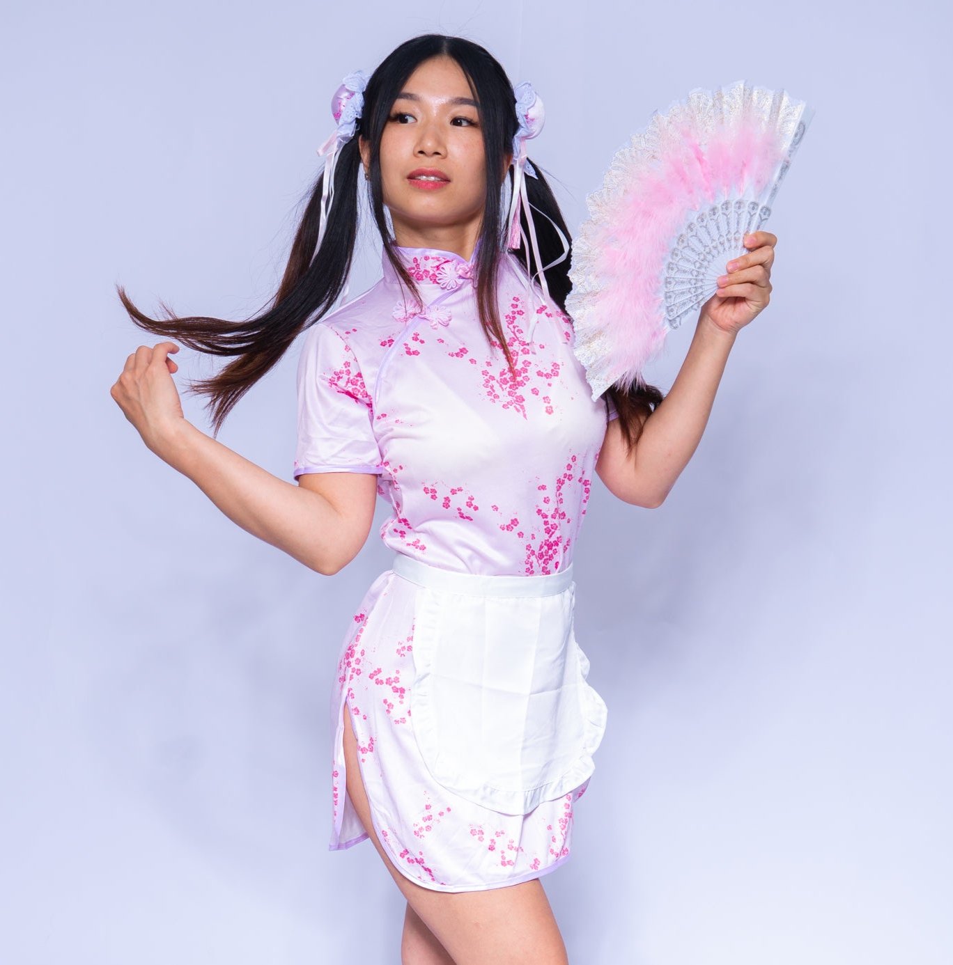 Anime Girl Festival Outfit | Qipao Dress + Apron + Hair Accessaries 3 Piece Cosplay Costume