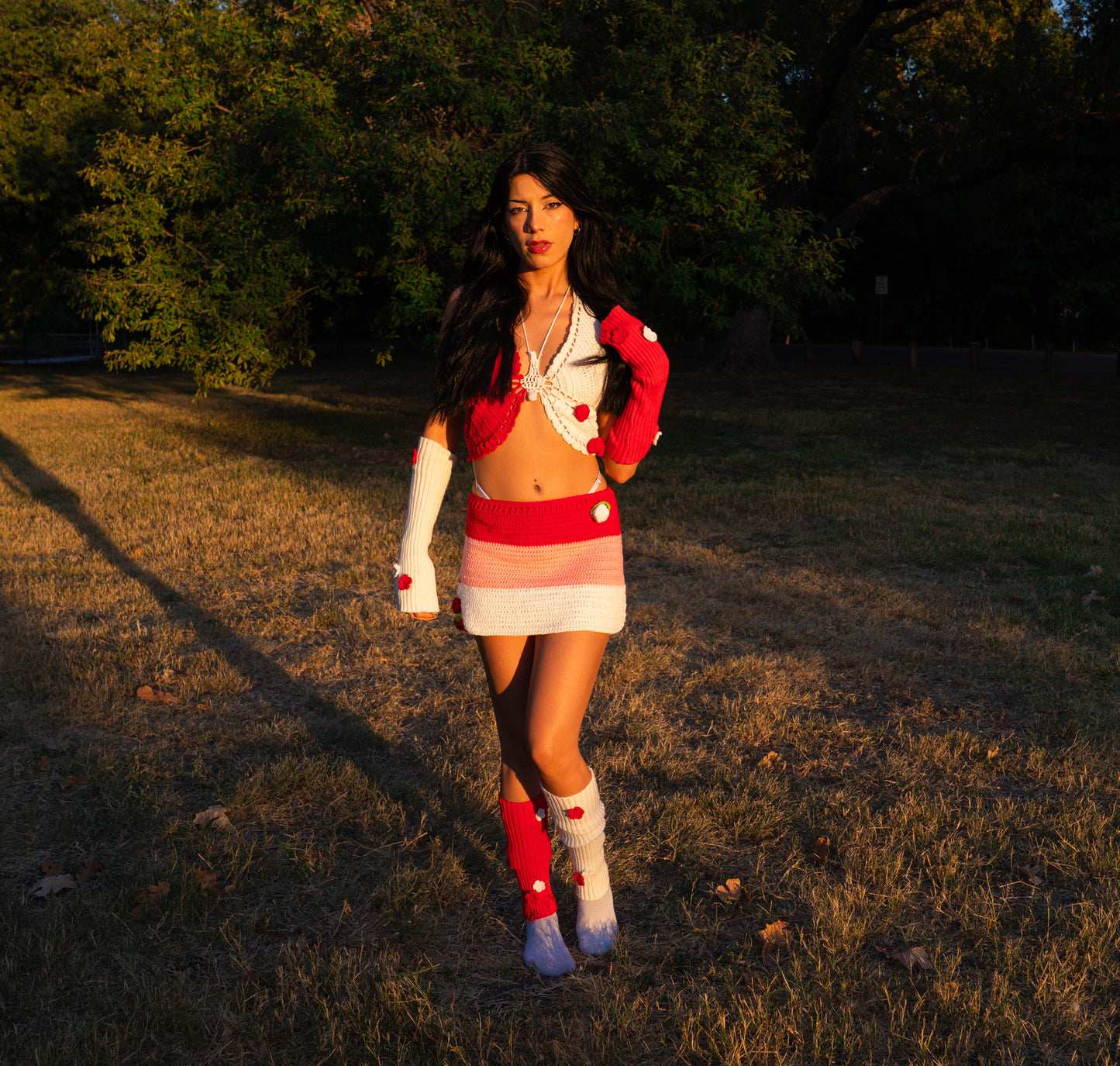 Electric Forest Red Crochet 4 Piece Rave Festival Set (Top + Skirt + Sleeves + Leg Warmers)