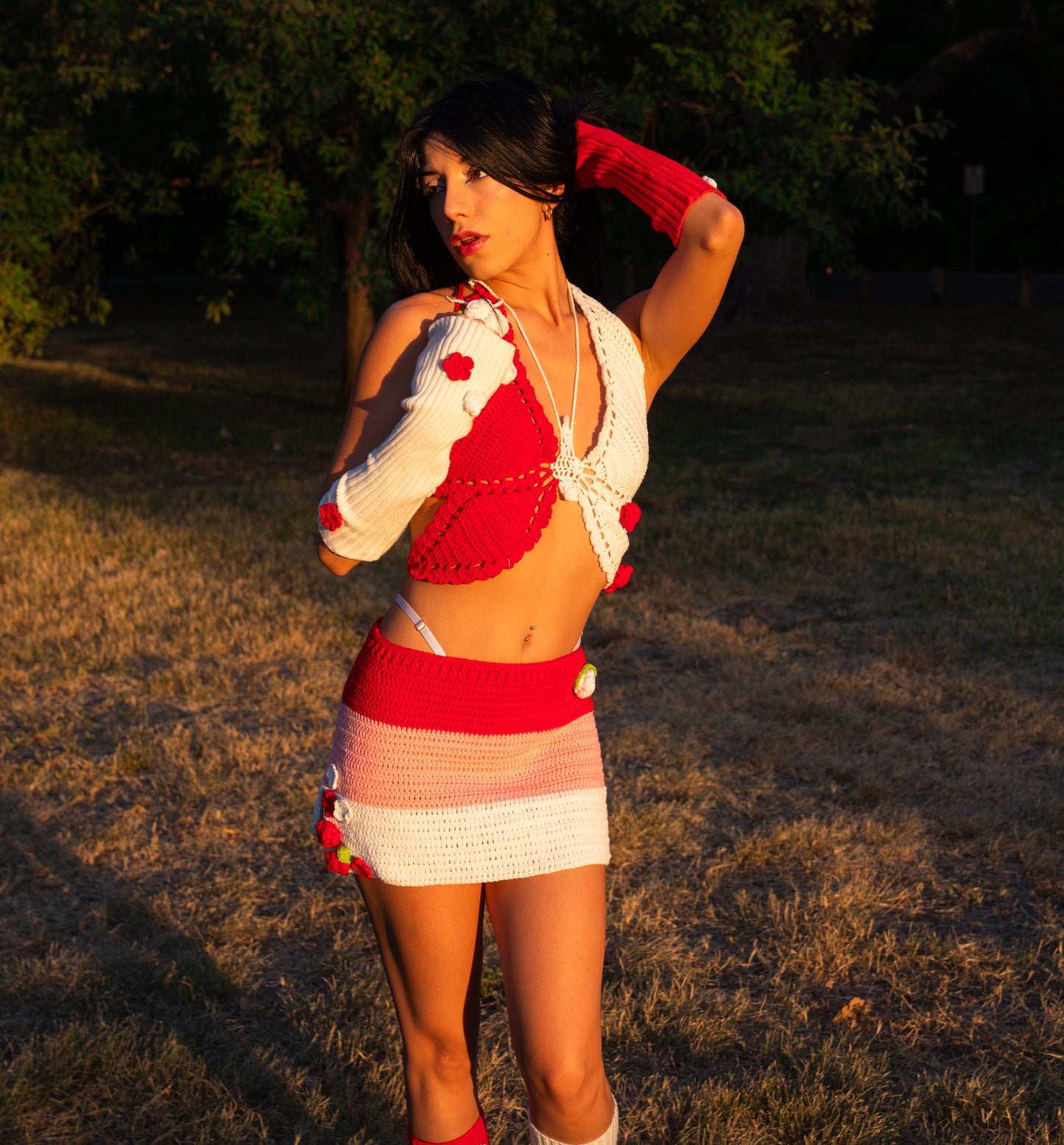 Electric Forest Red Crochet 4 Piece Rave Festival Set (Top + Skirt + Sleeves + Leg Warmers)