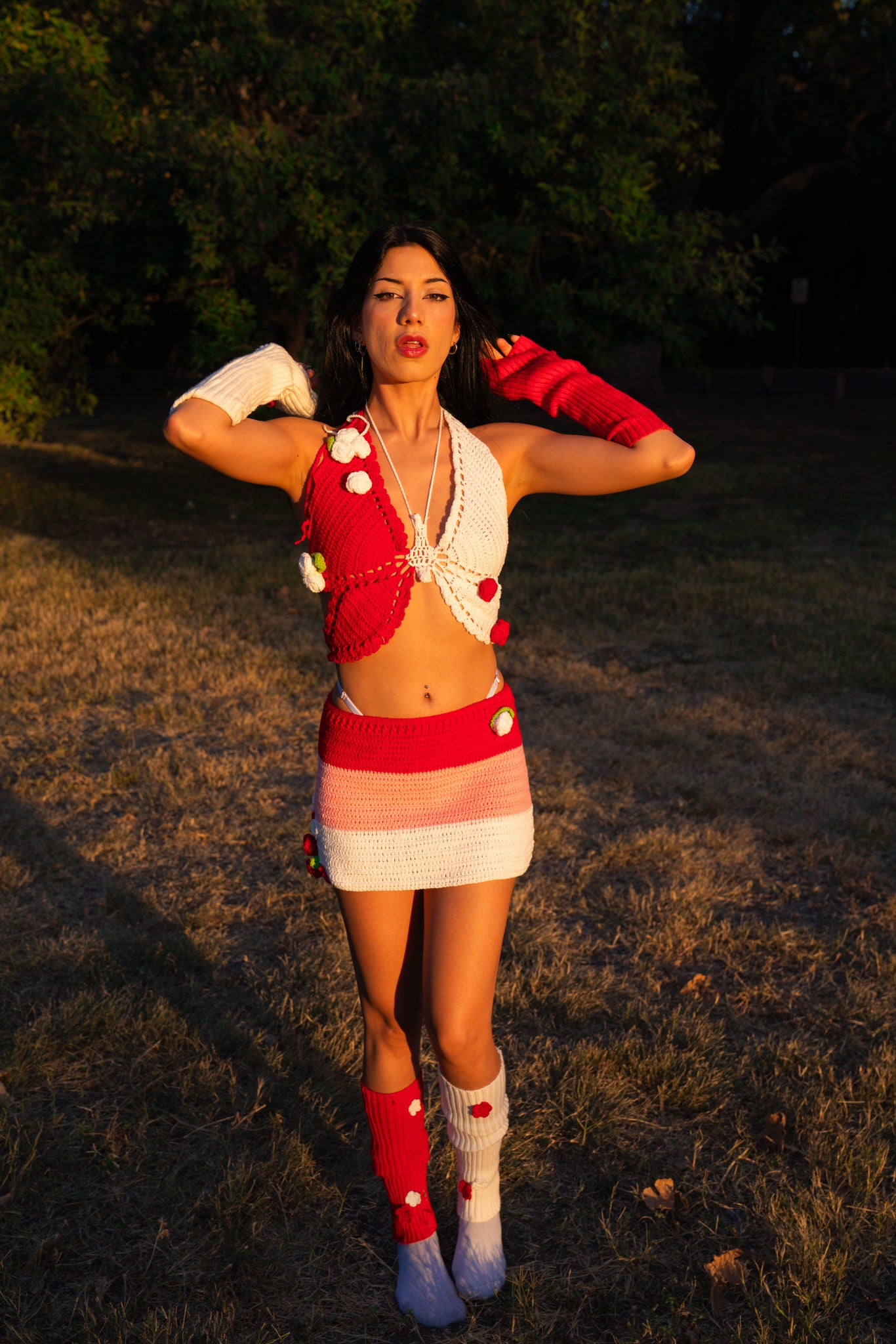Electric Forest Red Crochet 4 Piece Rave Festival Set (Top + Skirt + Sleeves + Leg Warmers)