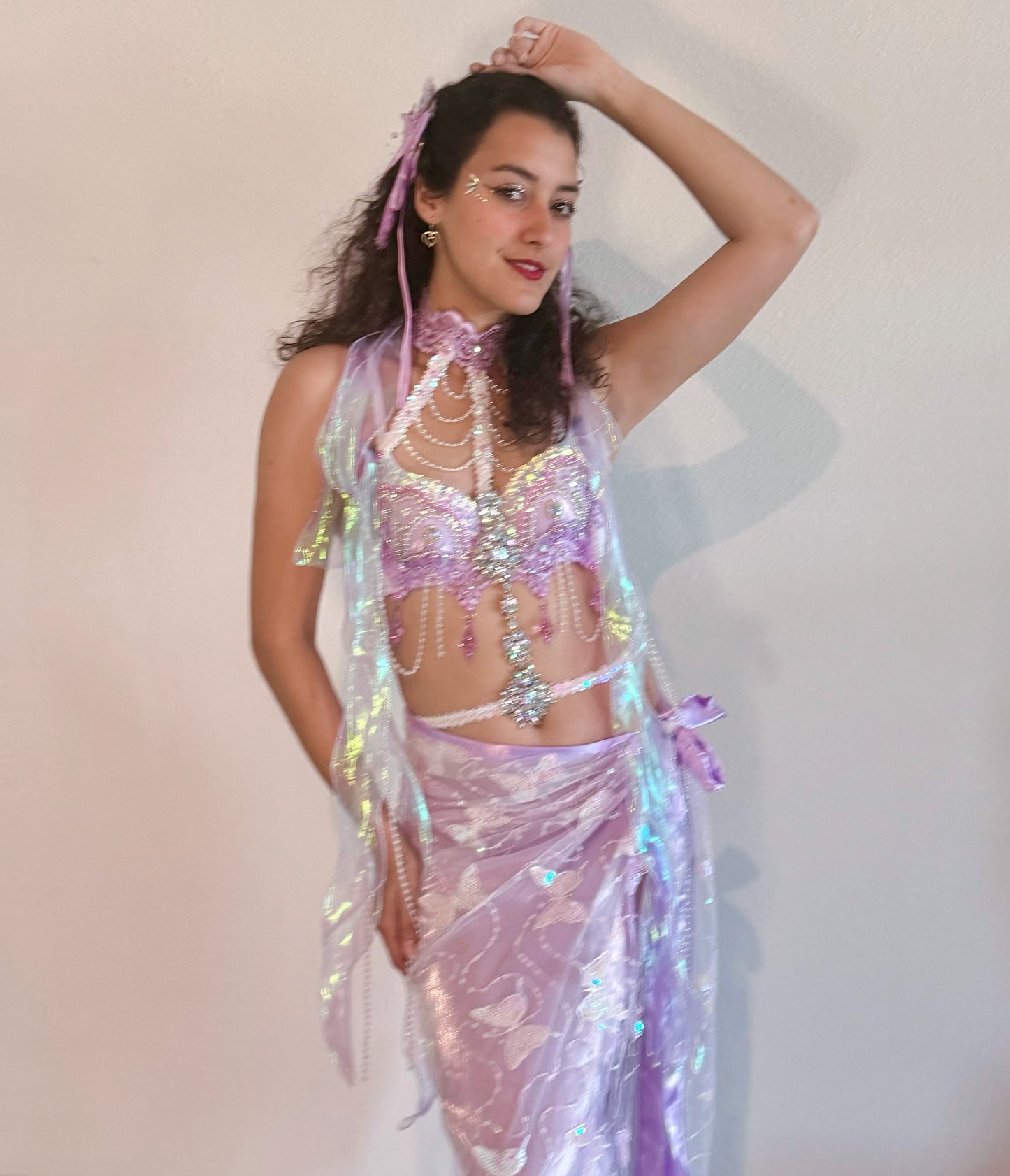 Violet Butterfly Rave Outfit (Long Skirt)|Bra + Long Wrap Skirt + 2 Shining Ribbons 4 Piece Set
