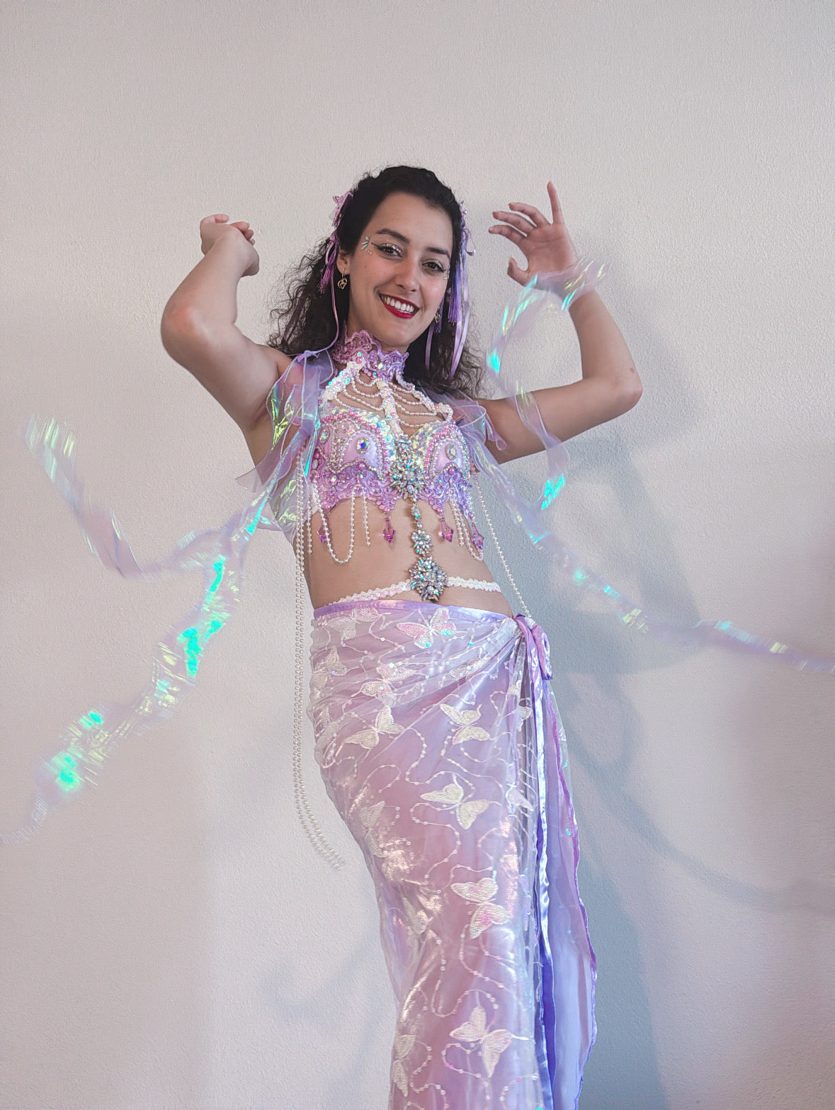 Violet Butterfly Rave Outfit (Long Skirt)|Bra + Long Wrap Skirt + 2 Shining Ribbons 4 Piece Set