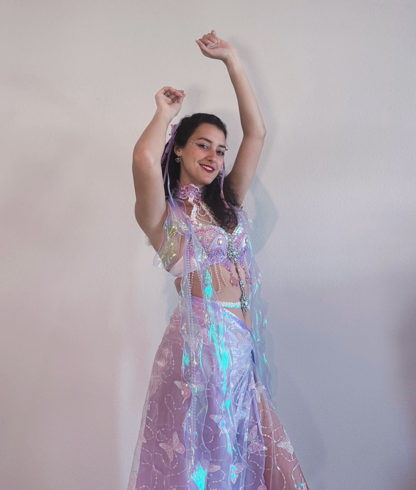 Violet Butterfly Rave Outfit (Long Skirt)|Bra + Long Wrap Skirt + 2 Shining Ribbons 4 Piece Set