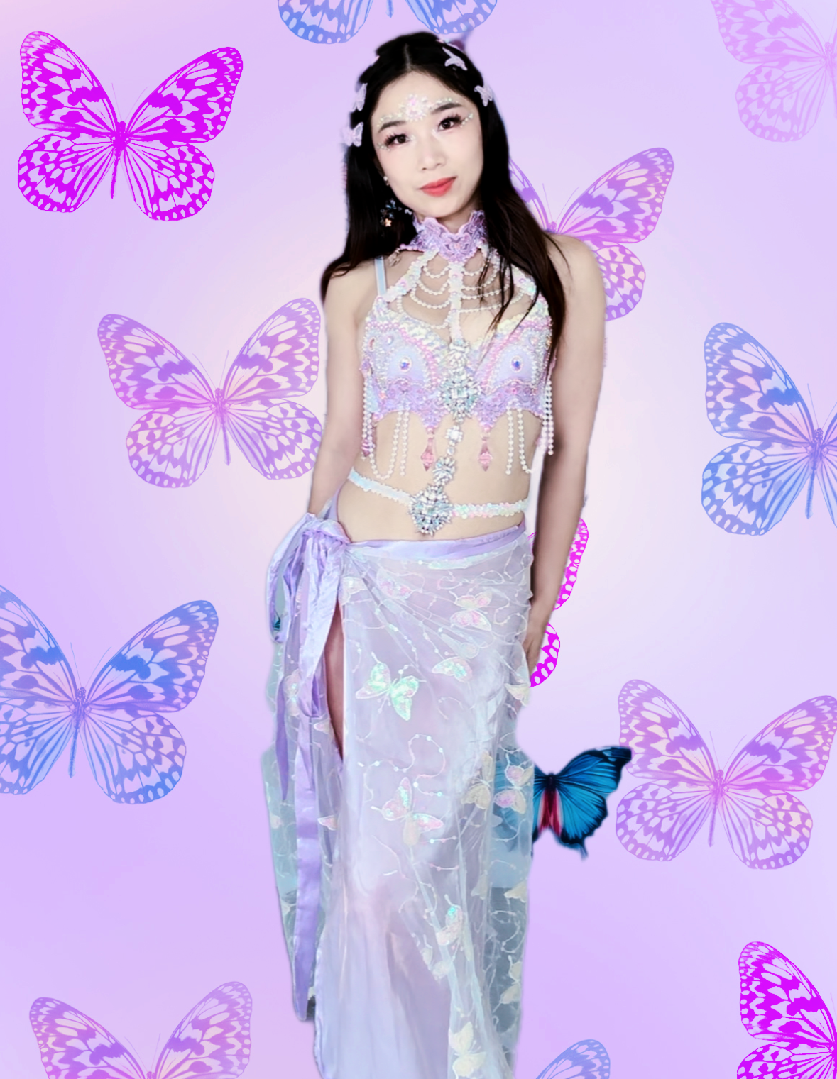 Violet Butterfly Rave Outfit (Long Skirt)|Bra + Long Wrap Skirt + 2 Shining Ribbons 4 Piece Set
