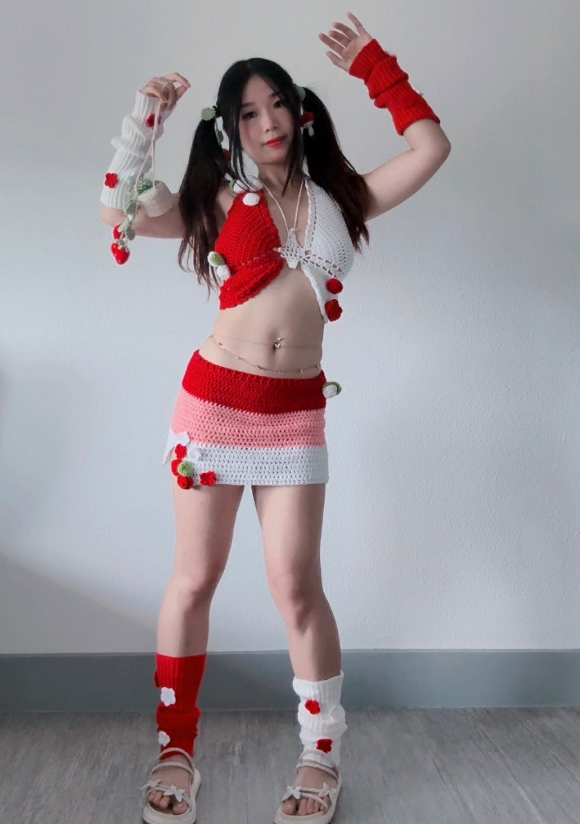 Electric Forest Red Crochet 4 Piece Rave Festival Set (Top + Skirt + Sleeves + Leg Warmers)
