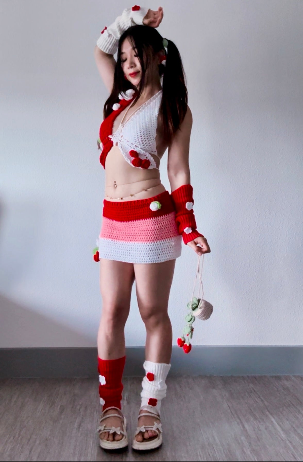 Electric Forest Red Crochet 4 Piece Rave Festival Set (Top + Skirt + Sleeves + Leg Warmers)