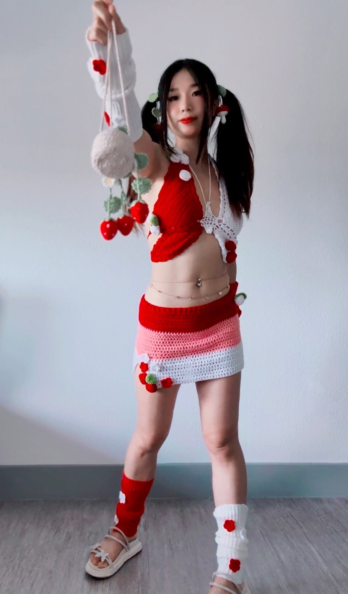 Electric Forest Red Crochet 4 Piece Rave Festival Set (Top + Skirt + Sleeves + Leg Warmers)
