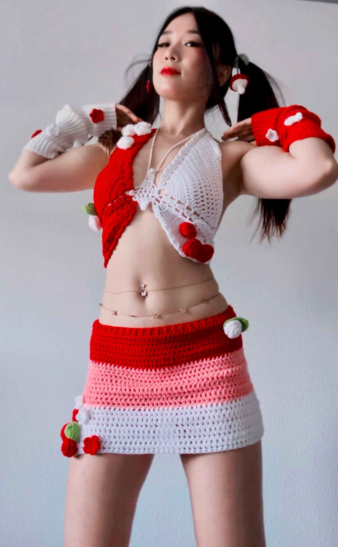 Electric Forest Red Crochet 4 Piece Rave Festival Set (Top + Skirt + Sleeves + Leg Warmers)