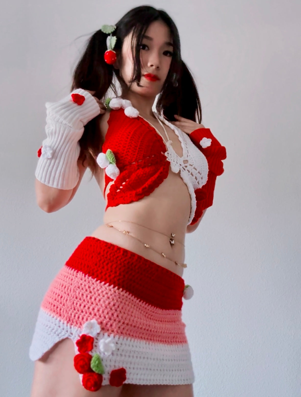 Electric Forest Red Crochet 4 Piece Rave Festival Set (Top + Skirt + Sleeves + Leg Warmers)