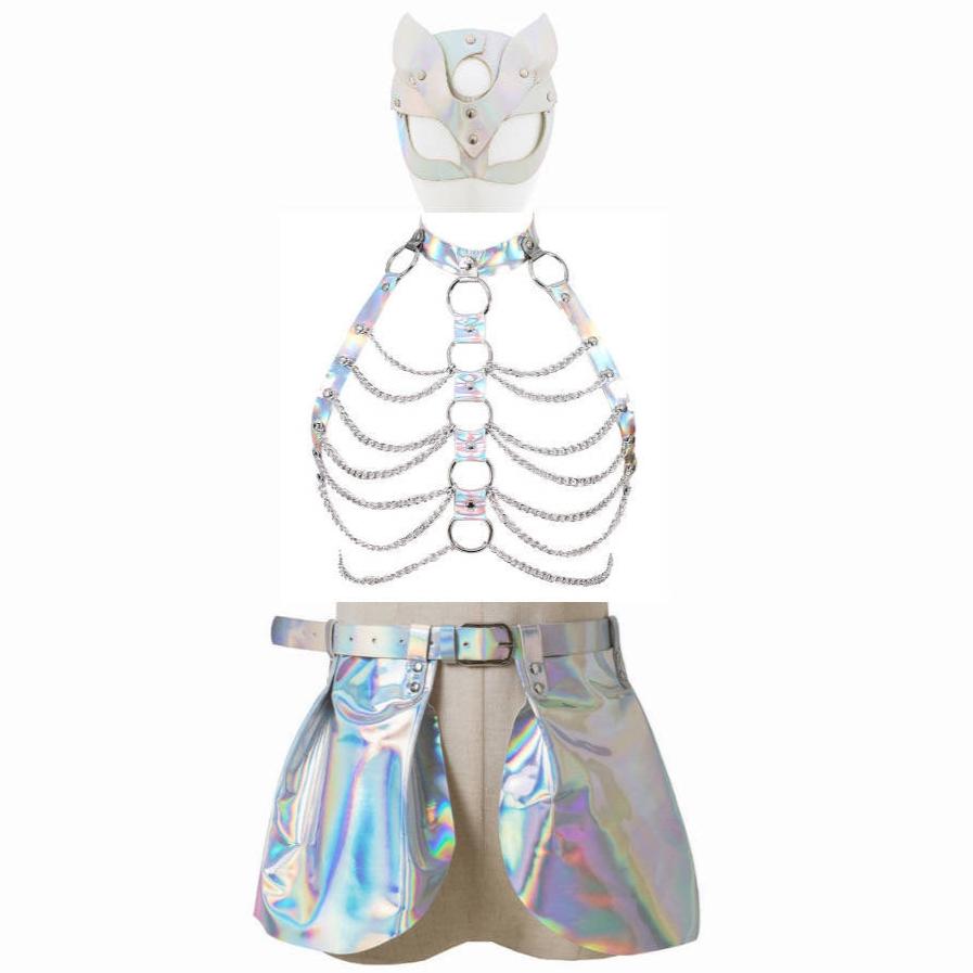 Laser Cat Rave Outfit| Leather Chain Tassel Harness+ Skirt 2 Piece Set