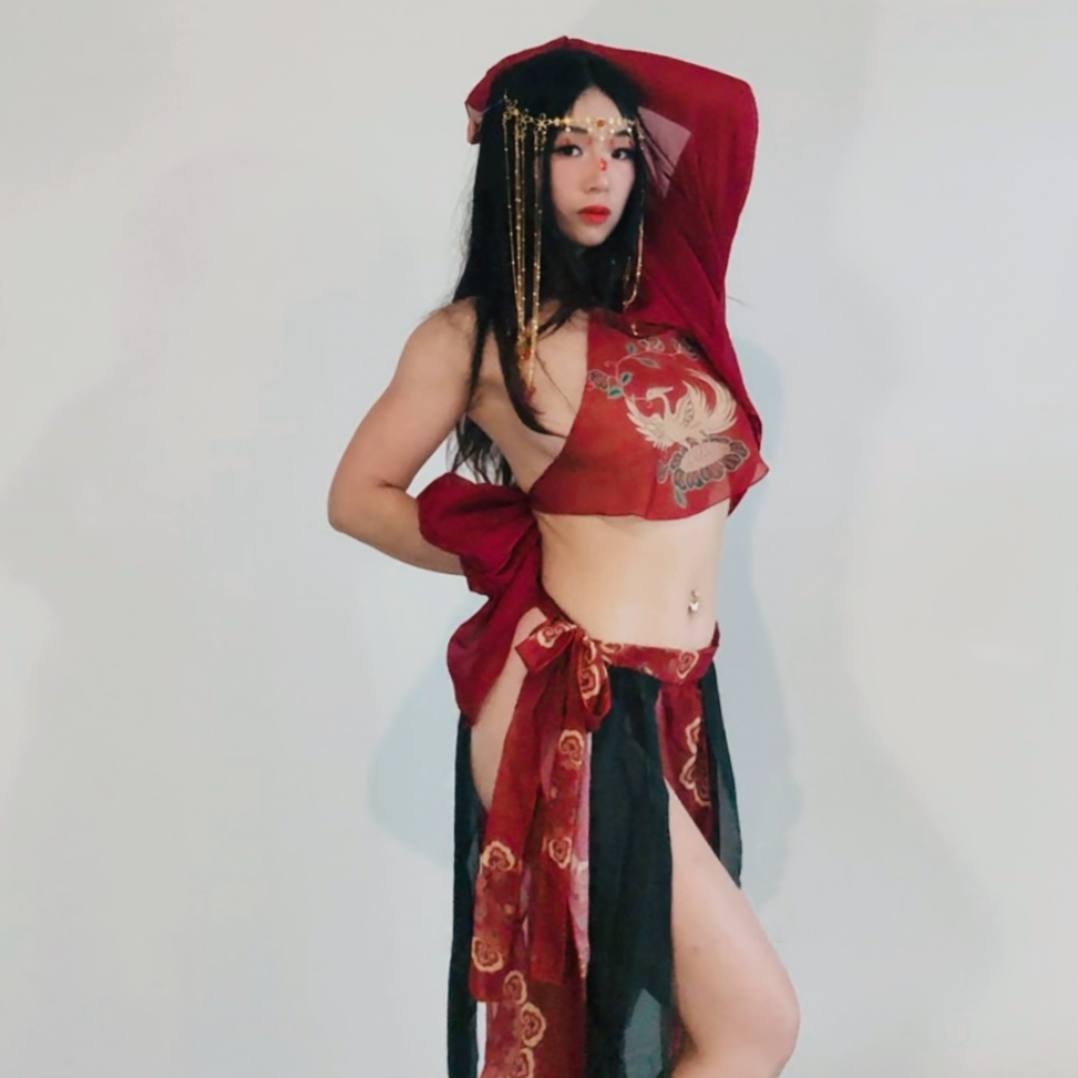 Exotic Rave Outfit - Exerion | 4 Piece Hanfu Lingerie (Shawl + Top + Skirt + T Back)
