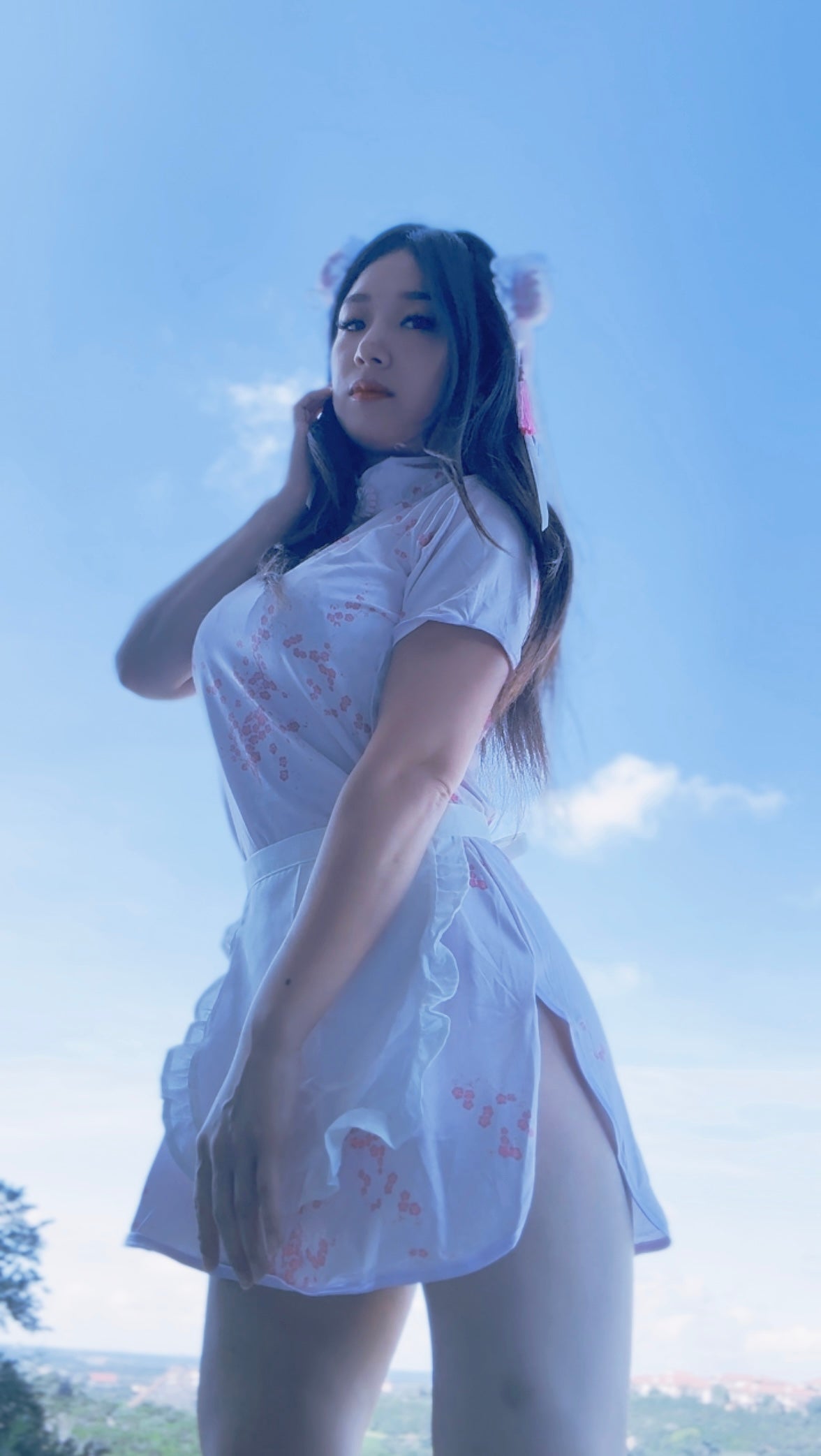 Anime Girl Festival Outfit | Qipao Dress + Apron + Hair Accessaries 3 Piece Cosplay Costume