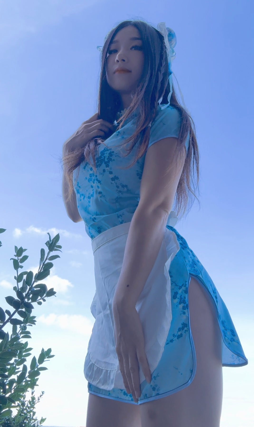 Anime Girl Festival Outfit | Qipao Dress + Apron + Hair Accessaries 3 Piece Cosplay Costume