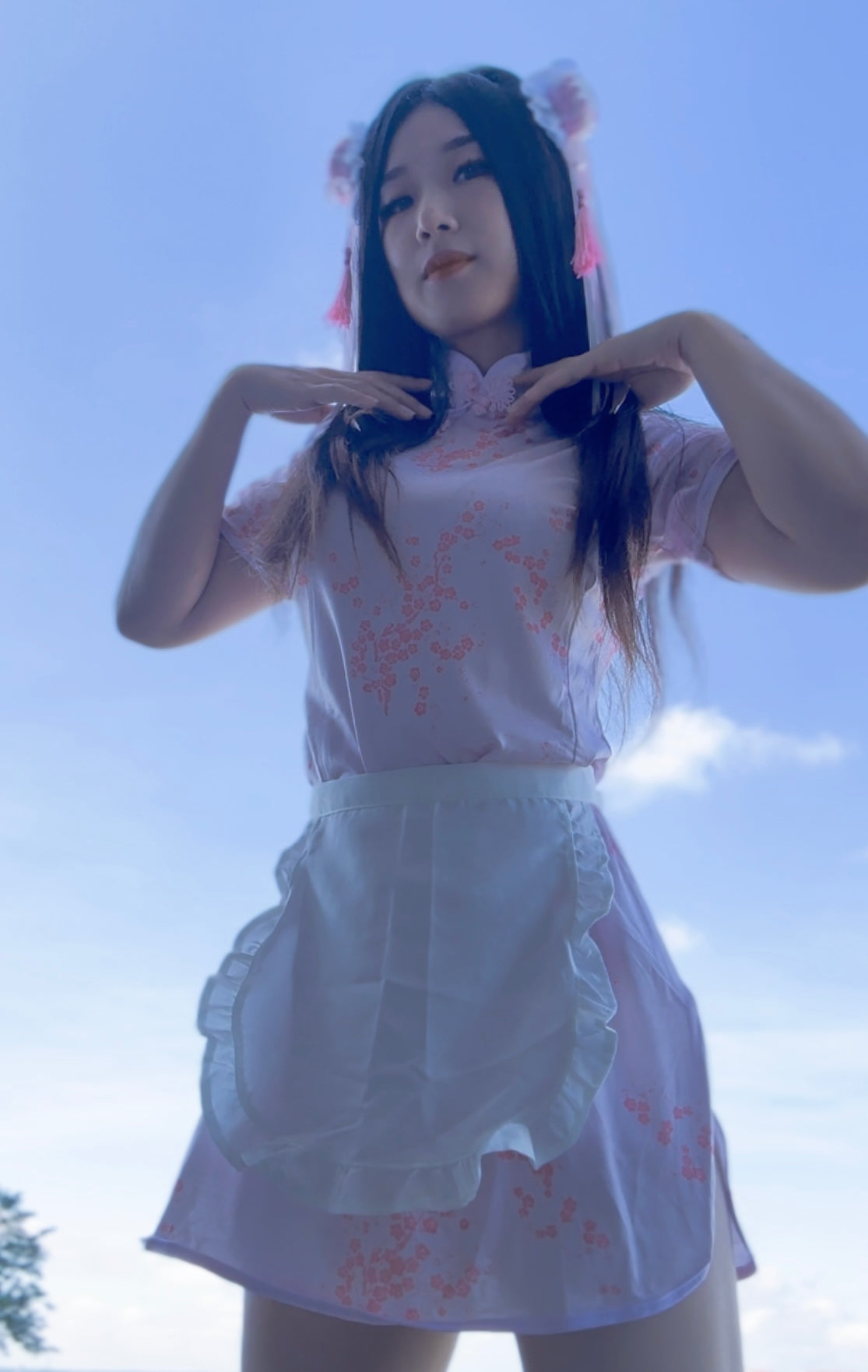Anime Girl Festival Outfit | Qipao Dress + Apron + Hair Accessaries 3 Piece Cosplay Costume