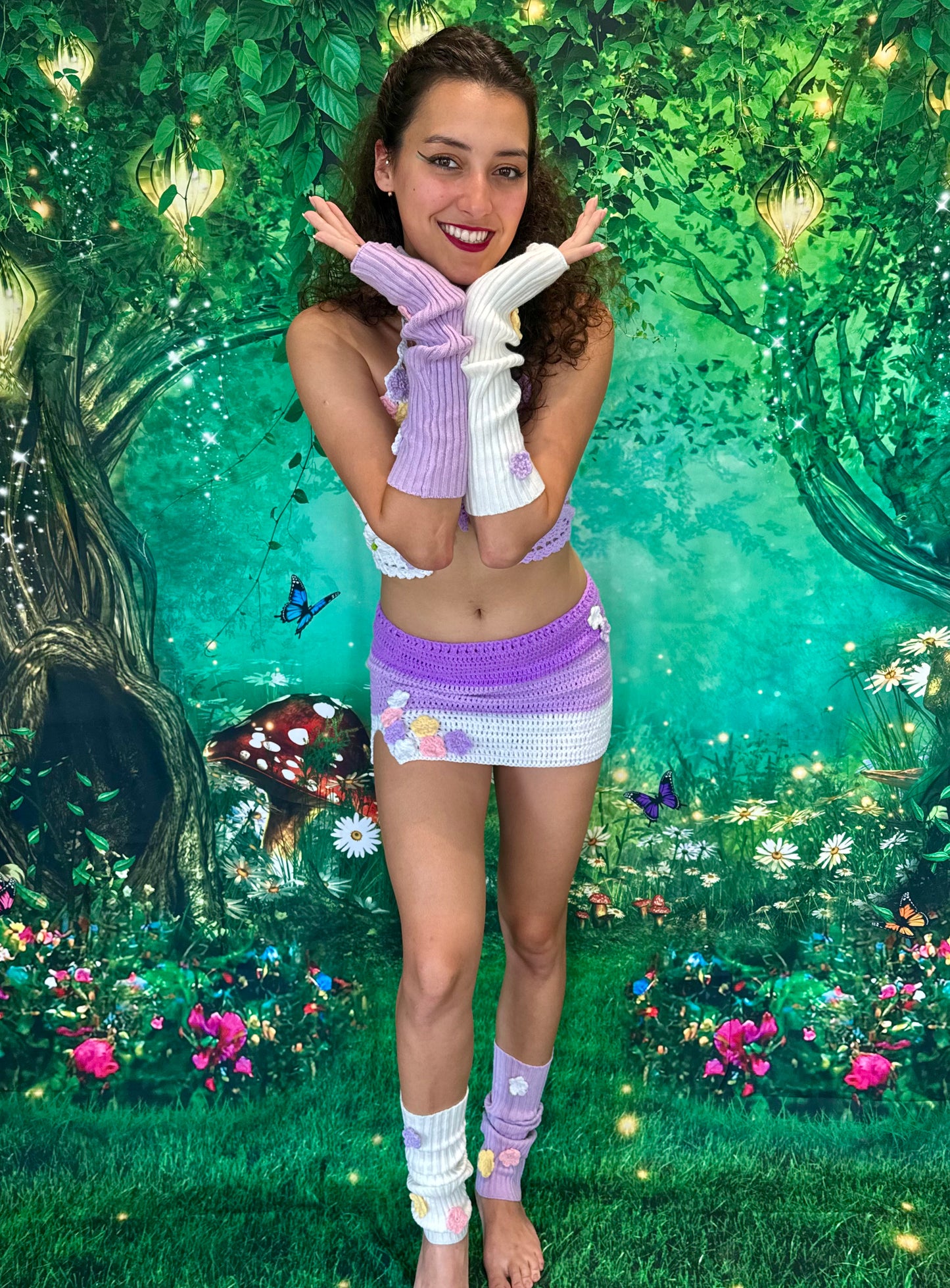 Electric Forest Purple Crochet Rave Outfit | 4 Piece Set (Top + Skirt + Sleeves + Leg Warmers)
