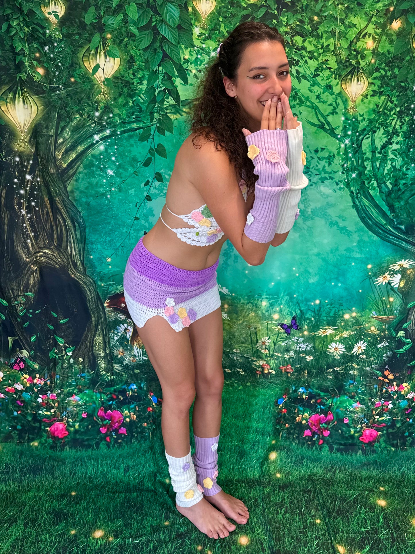 Electric Forest Purple Crochet Rave Outfit | 4 Piece Set (Top + Skirt + Sleeves + Leg Warmers)