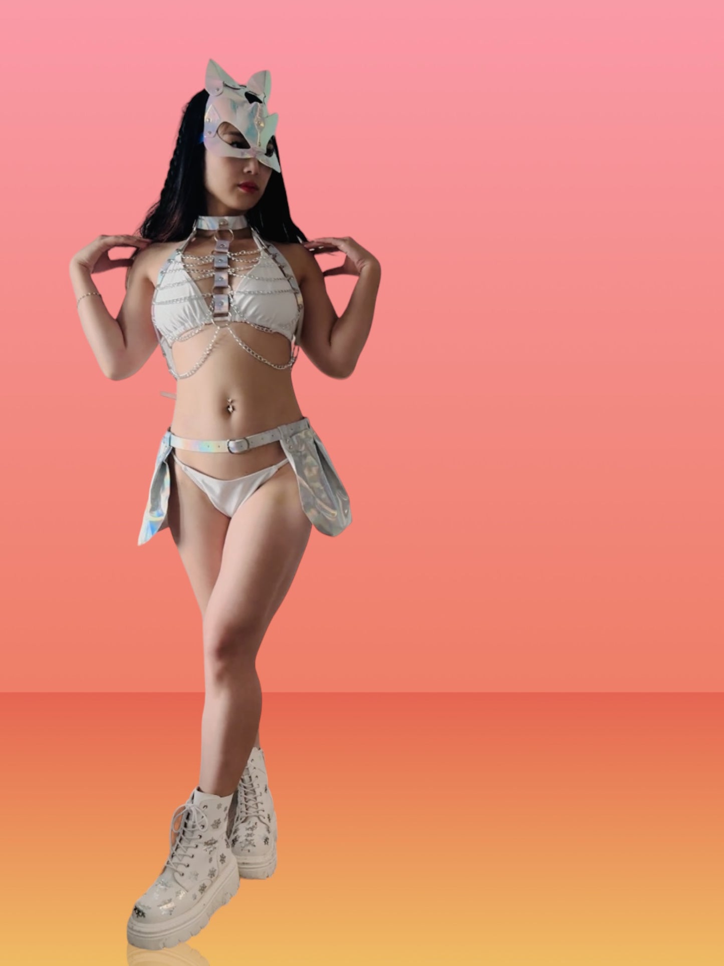Laser Cat Rave Outfit| Leather Chain Tassel Harness+ Skirt 2 Piece Set