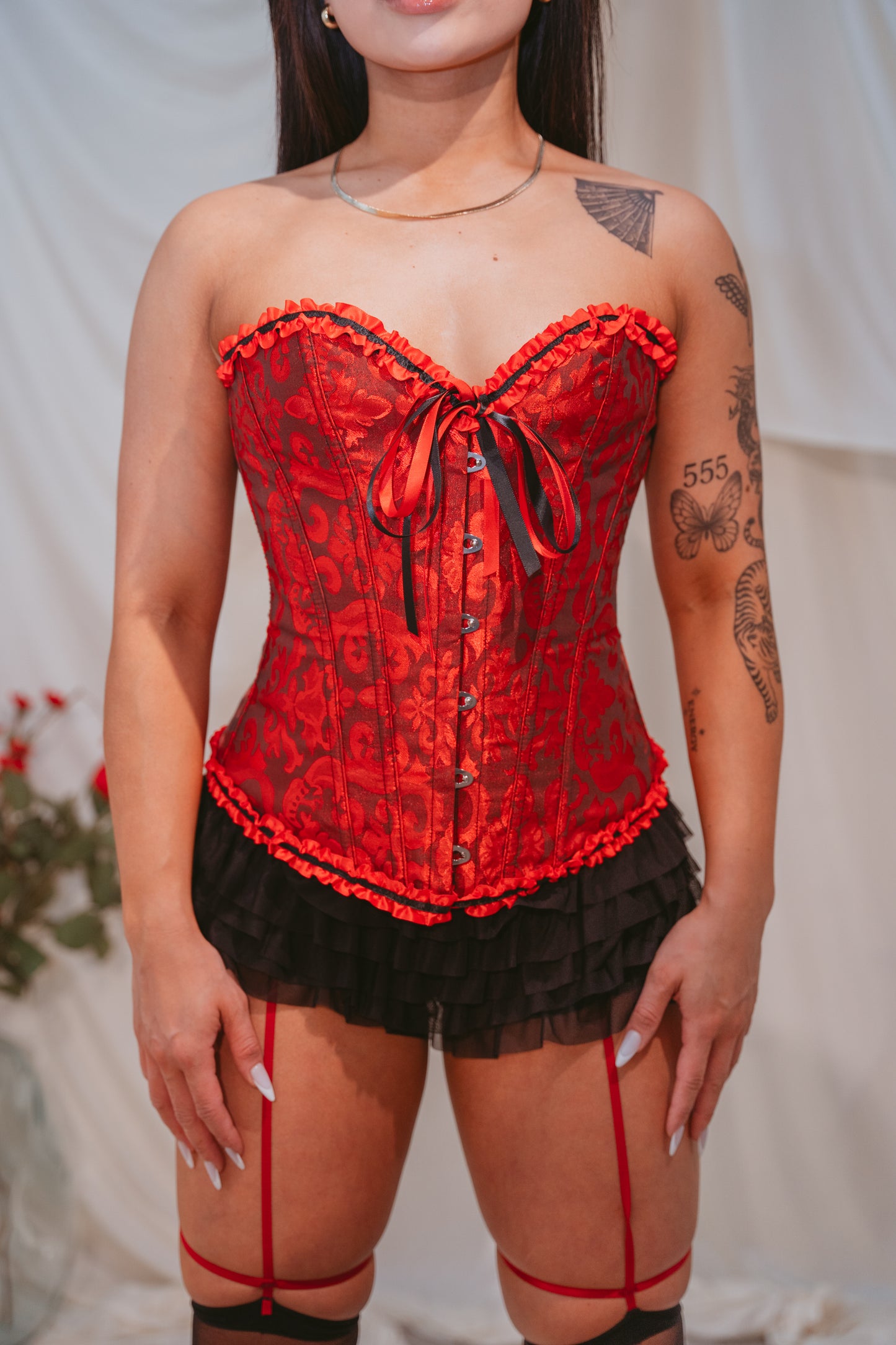 Red Corset + Black Layered Shorts + Strap Tights