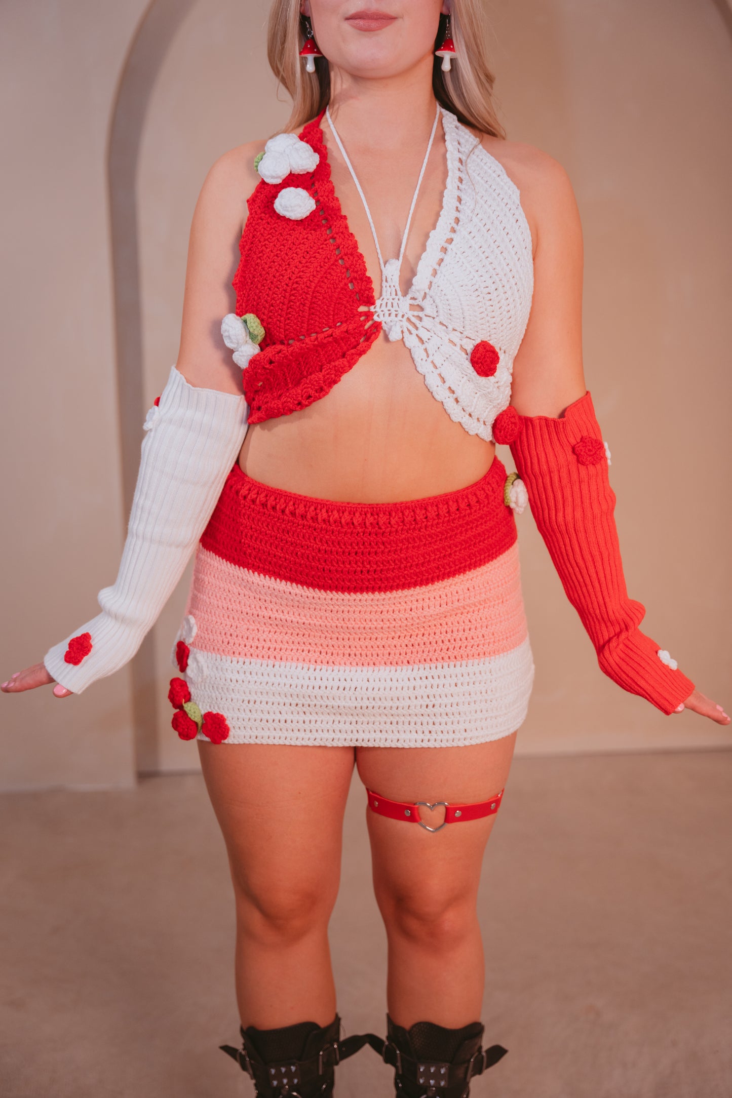 Electric Forest Red Crochet 4 Piece Rave Festival Set (Top + Skirt + Sleeves + Leg Warmers)
