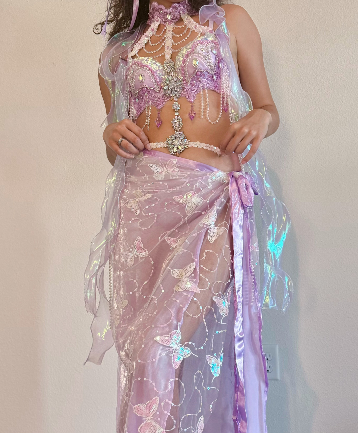 Violet Butterfly Rave Outfit (Long Skirt)|Bra + Long Wrap Skirt + 2 Shining Ribbons 4 Piece Set